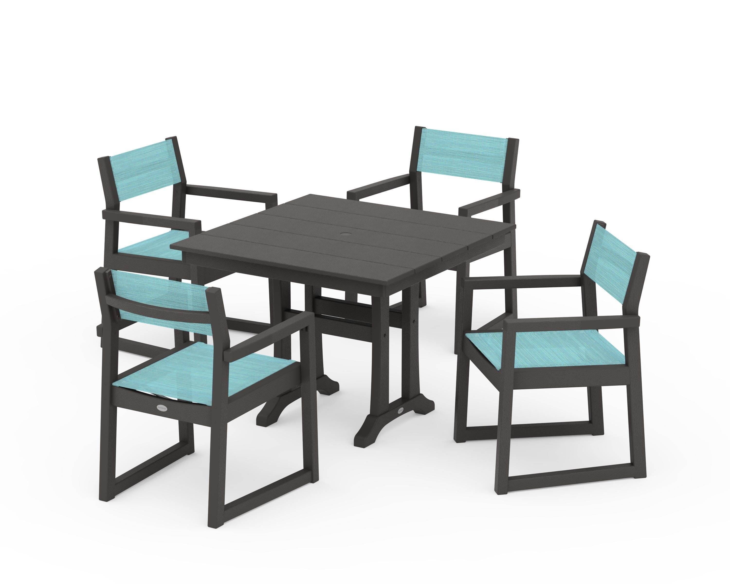 EDGE Sling 5-Piece Farmhouse Dining Set with Trestle Legs in Vintage Coffee / Dupioni Aquamarine Sling