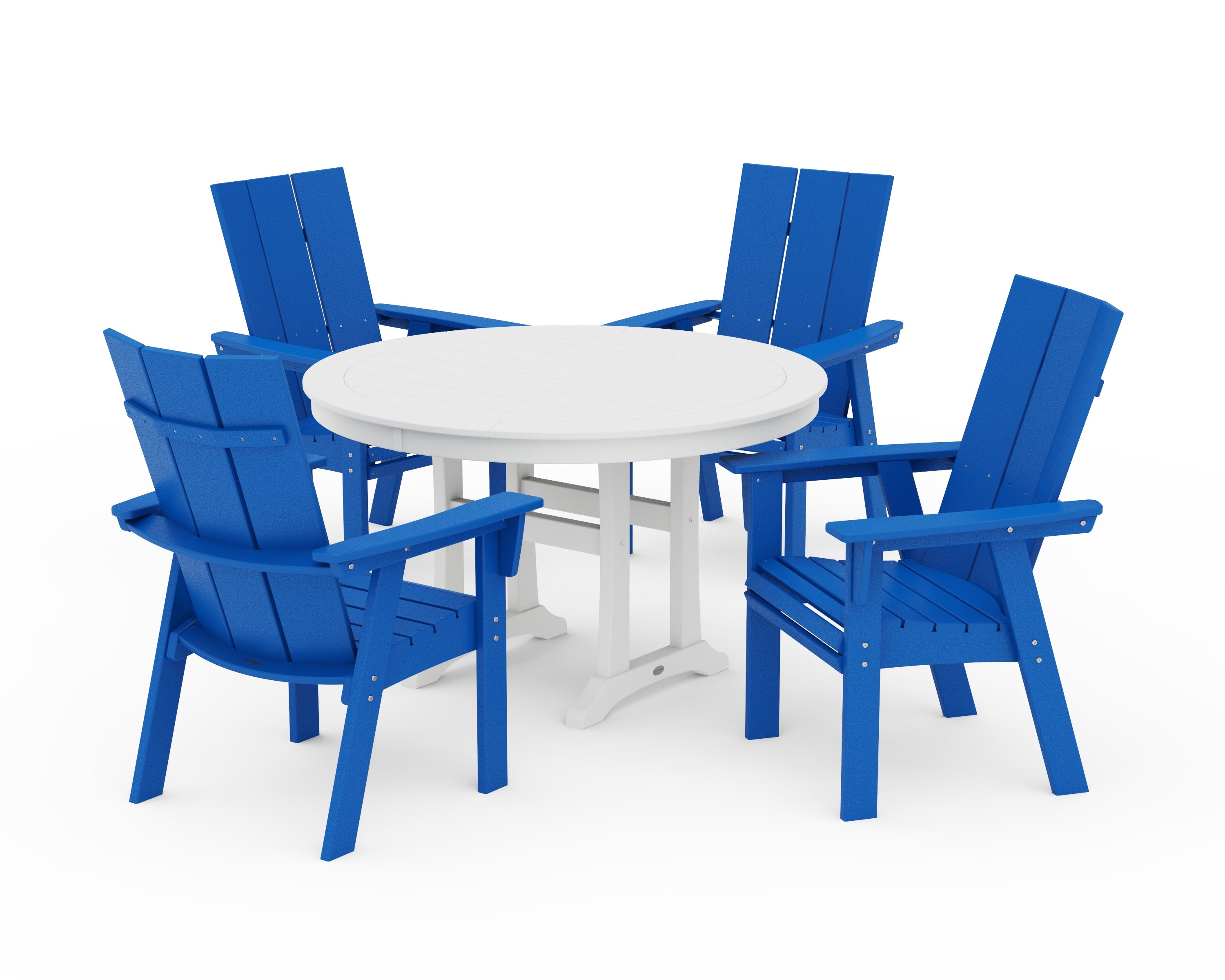 Modern Curveback Adirondack 5-Piece Nautical Trestle Dining Set in Pacific Blue / White