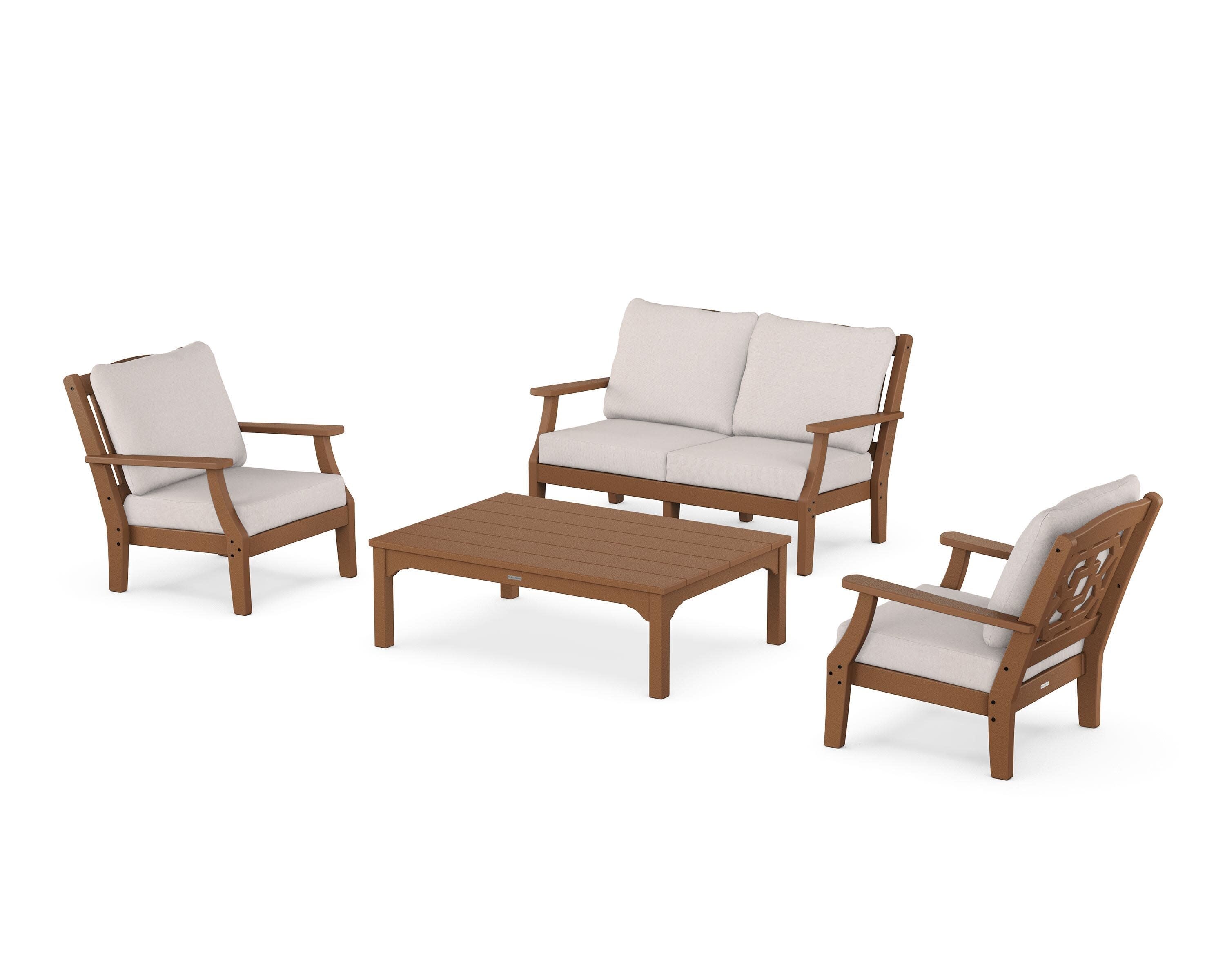 Chinoiserie 4-Piece Deep Seating Set with Loveseat in Teak / Dune Burlap