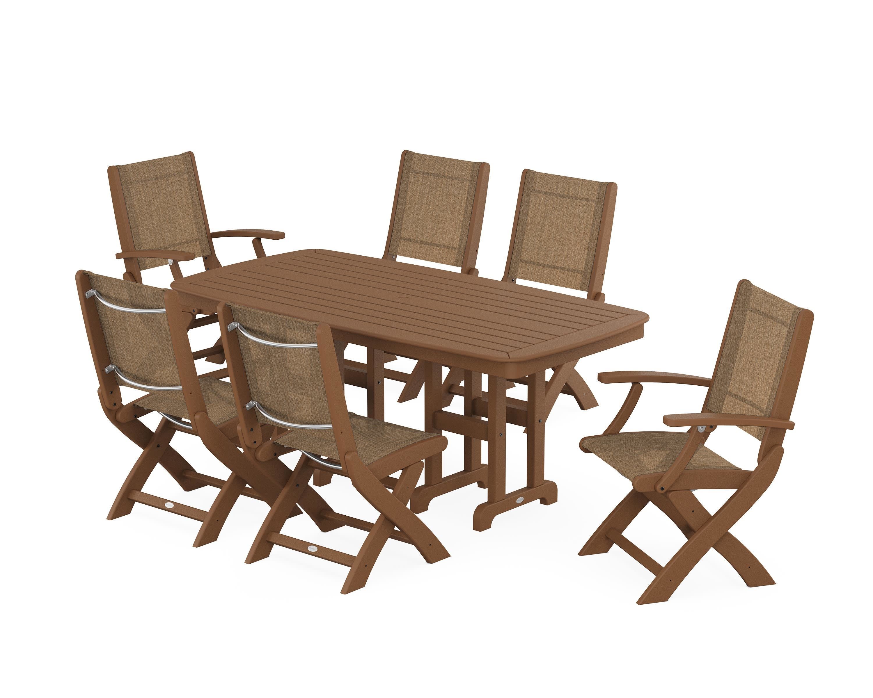 Coastal Folding Chair 7-Piece Dining Set in Teak / Burlap Sling