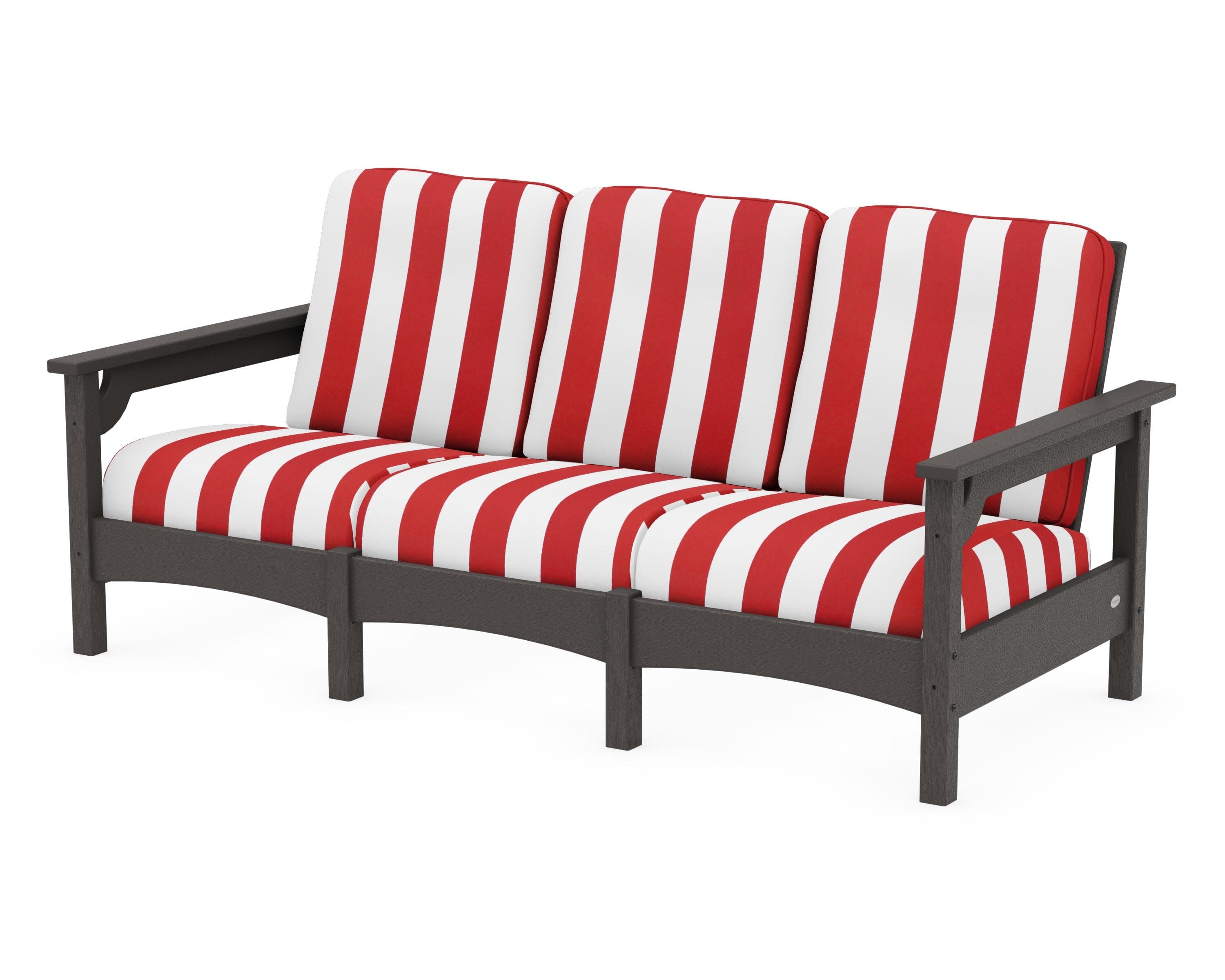 Club Sofa in Vintage Coffee / Cabana Stripe Crimson