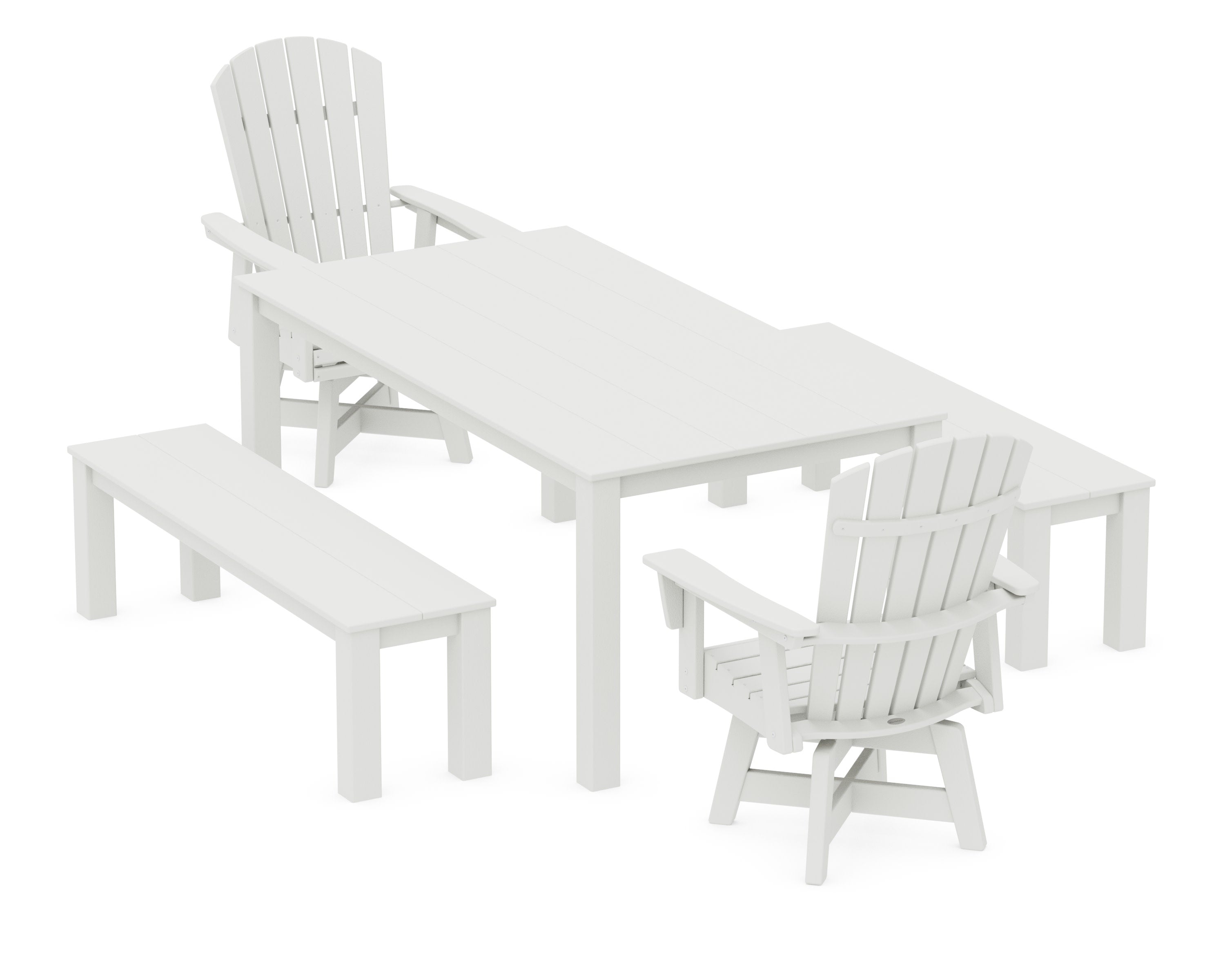 Nautical Curveback Adirondack Swivel 5-Piece Parsons Dining Set with Benches in Vintage White