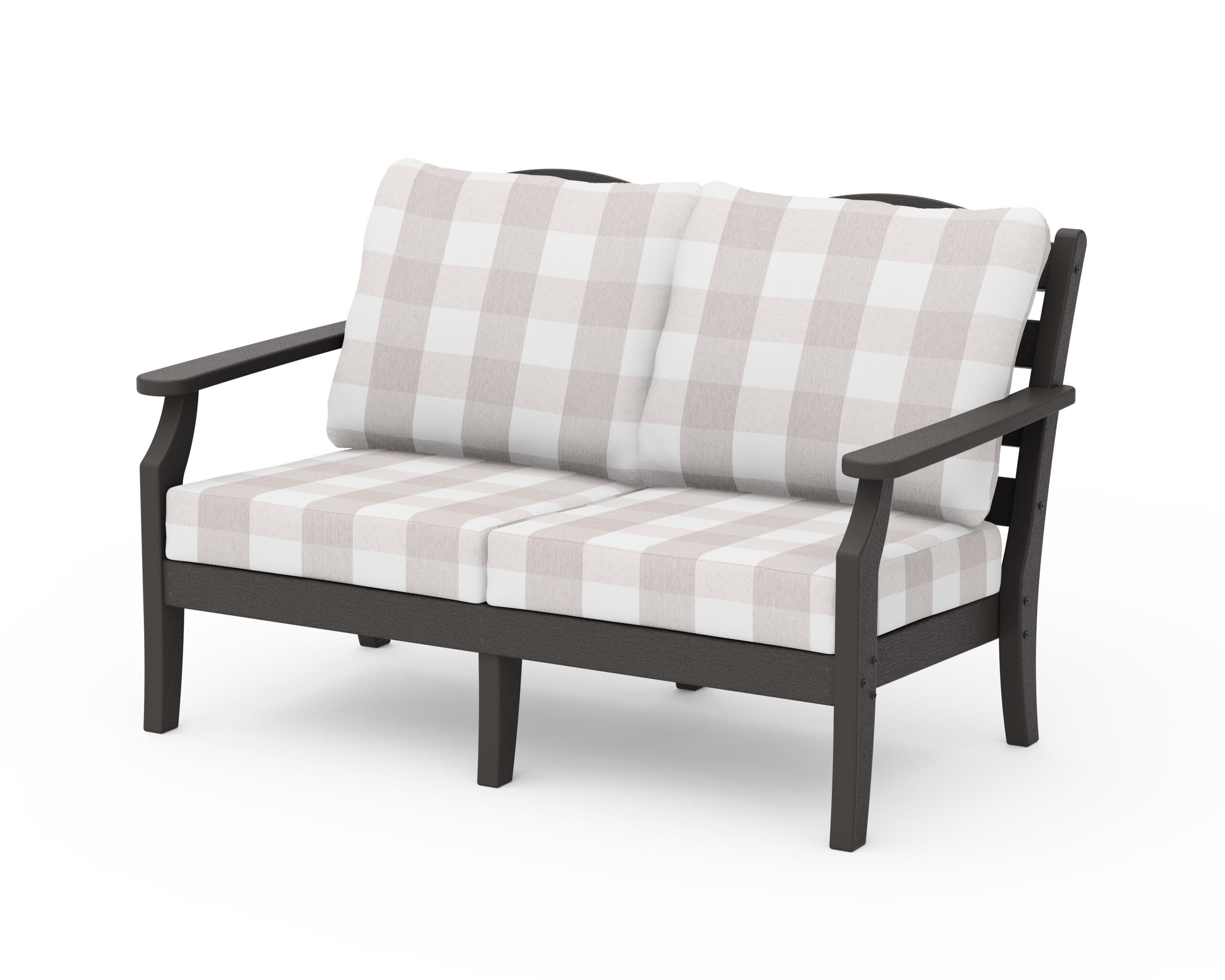 Savannah Deep Seating Loveseat in Vintage Coffee / Buffalo Plaid Dune Burlap