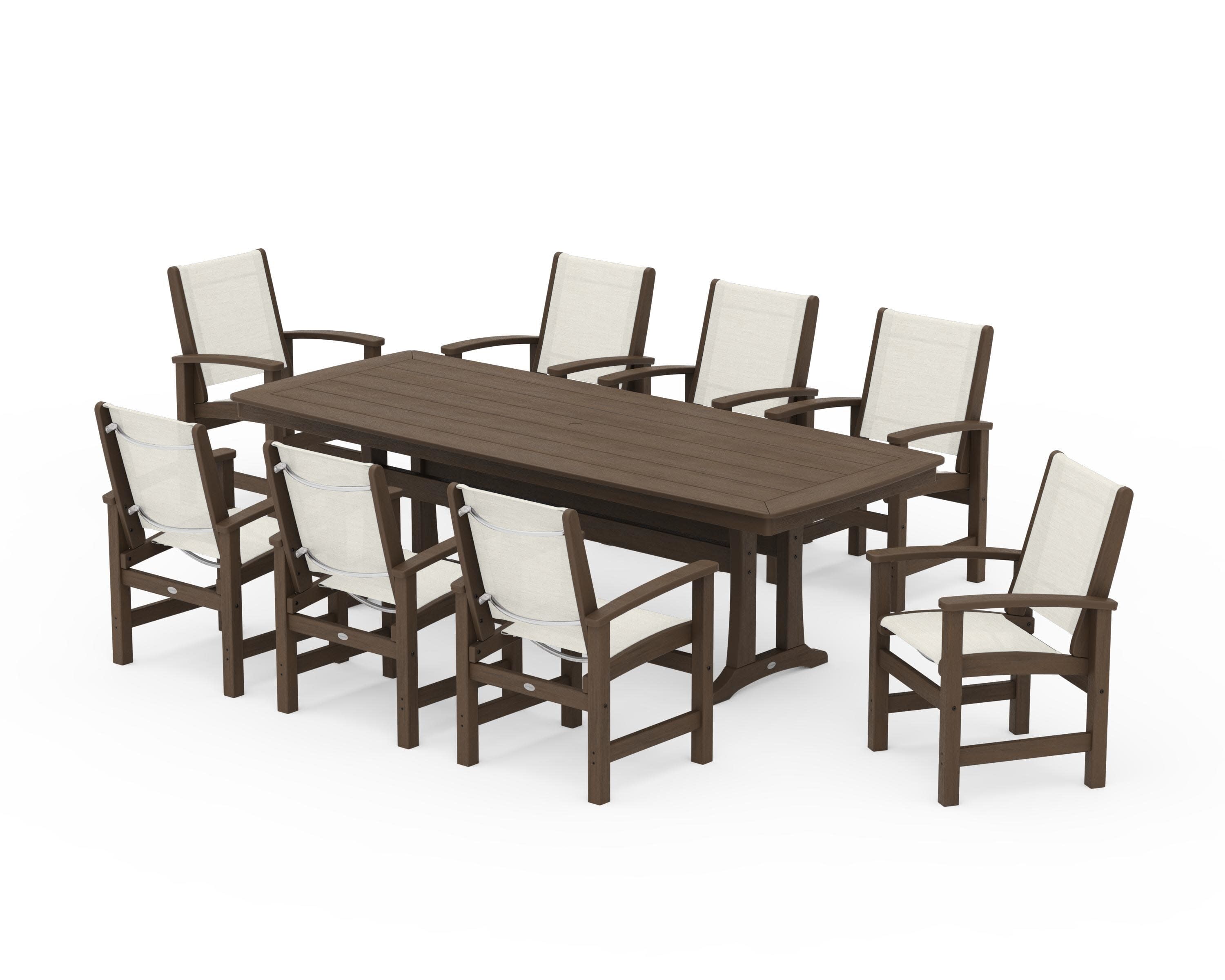 Coastal 9-Piece Dining Set with Trestle Legs in Kona / Parchment Sling
