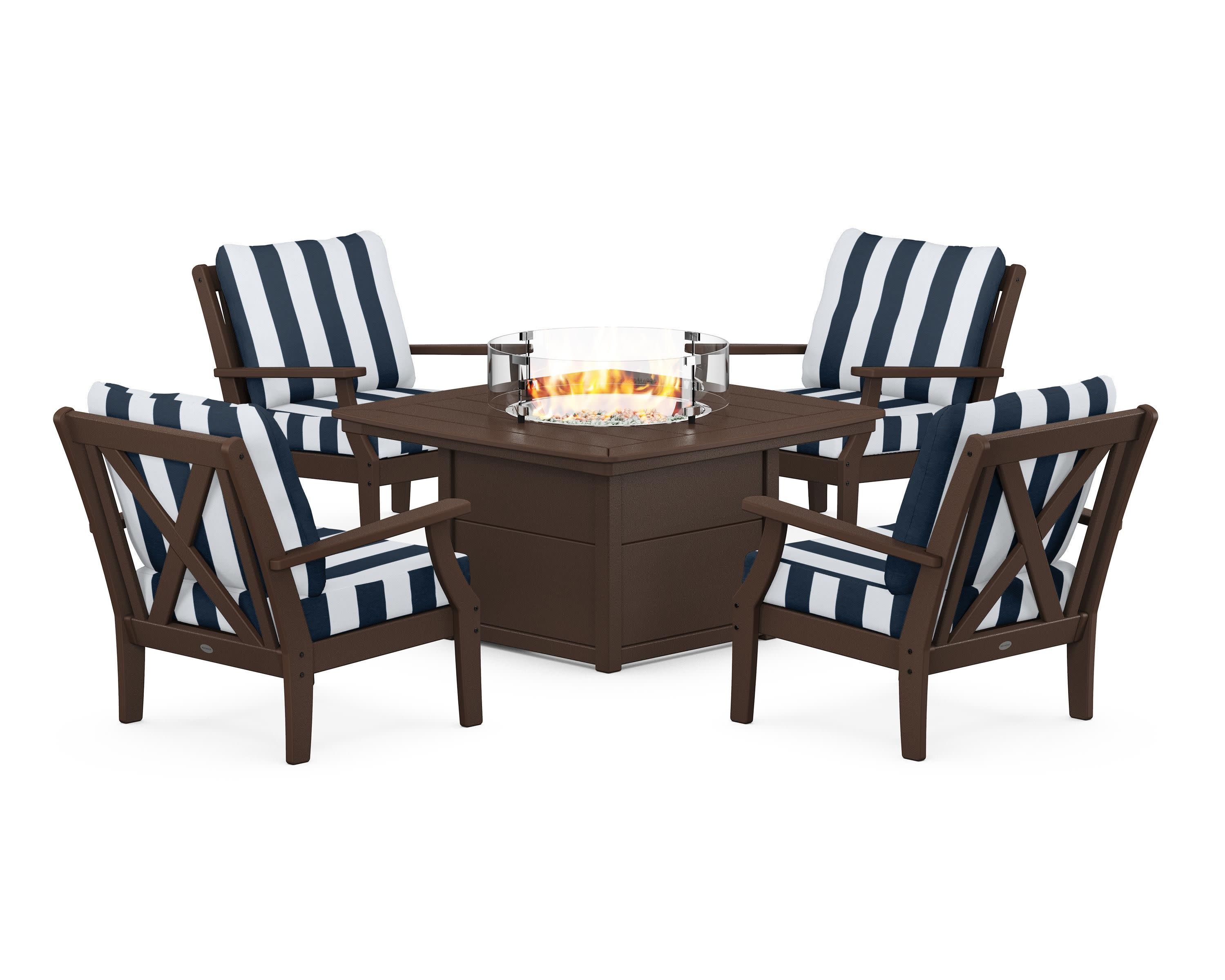 Braxton 5-Piece Deep Seating Conversation Set with Fire Pit Table in Mahogany / Cabana Stripe Marine Indigo
