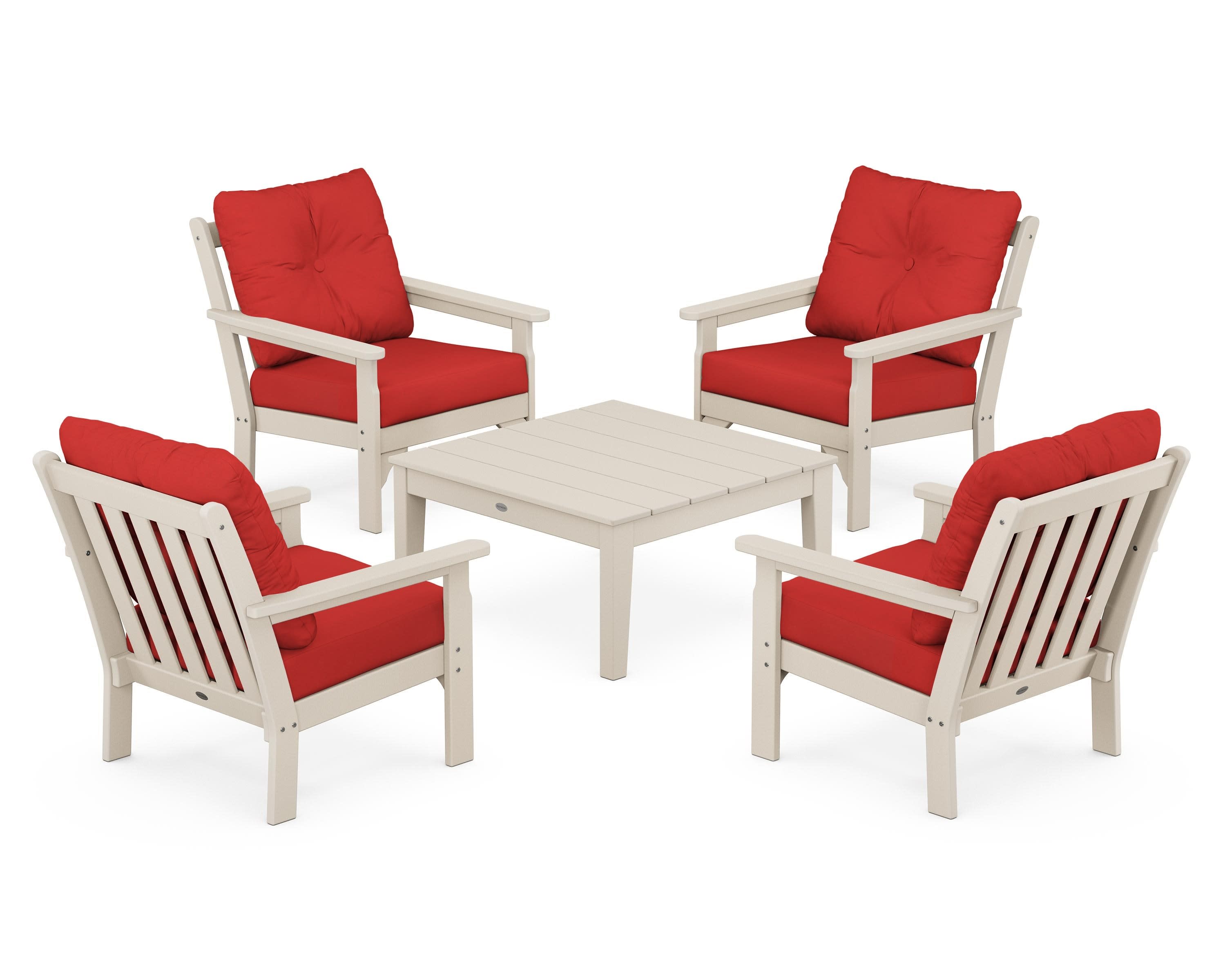 Vineyard 5-Piece Deep Seating Conversation Set in Sand / Crimson Linen