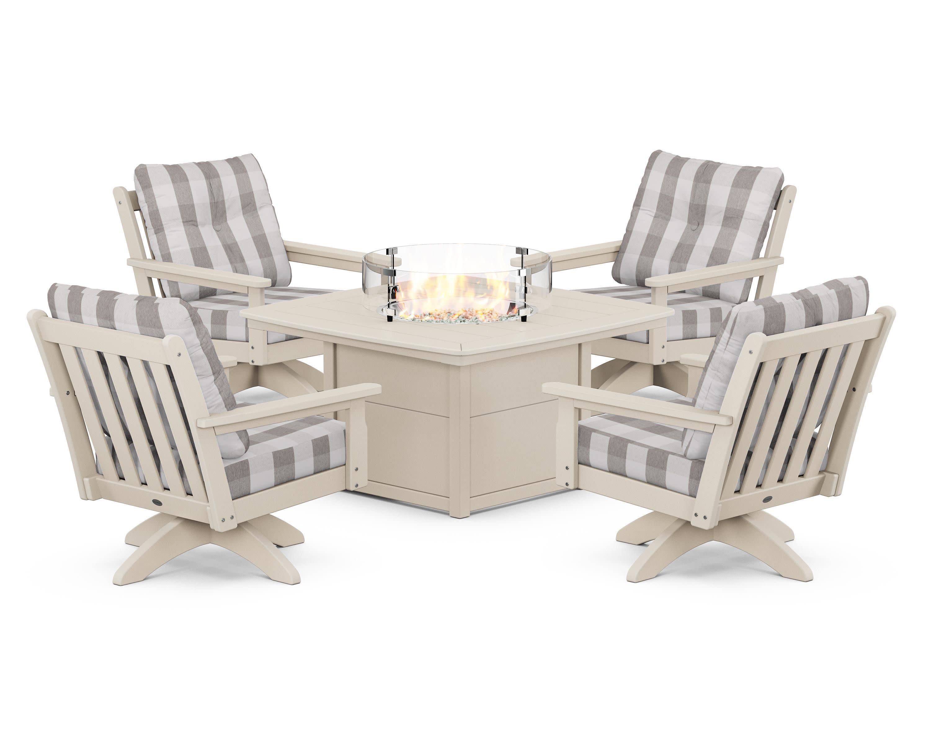 Vineyard 5-Piece Deep Seating Swivel Conversation Set with Fire Pit Table in Sand / Buffalo Plaid Grey Mist