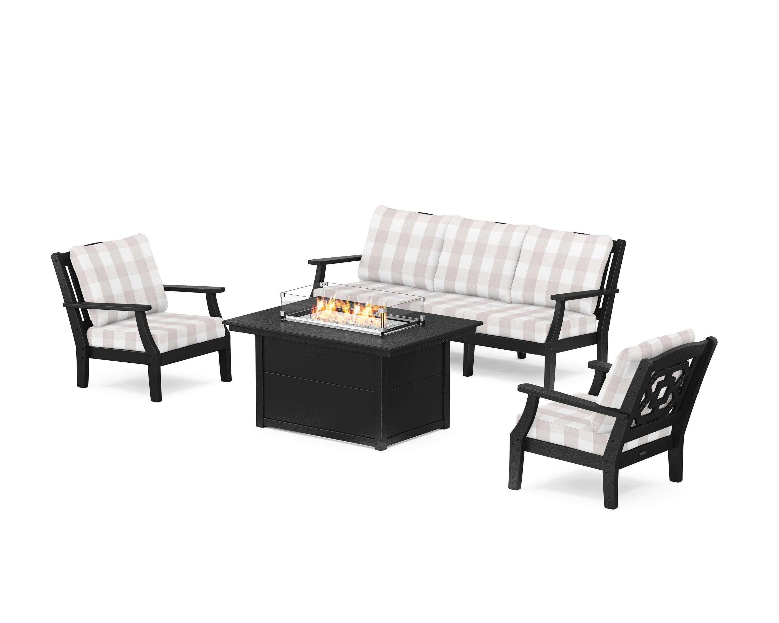 Chinoiserie Deep Seating Fire Pit Table Set in Black / Buffalo Plaid Dune Burlap