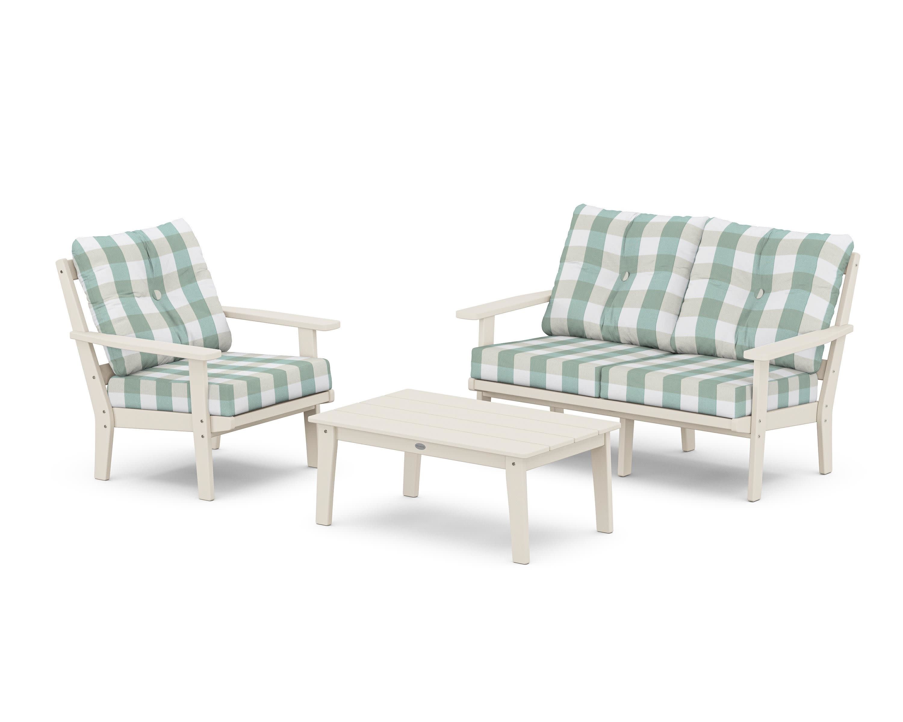 Oxford 3-Piece Deep Seating Set with Loveseat in Sand / Buffalo Plaid Glacier Spa
