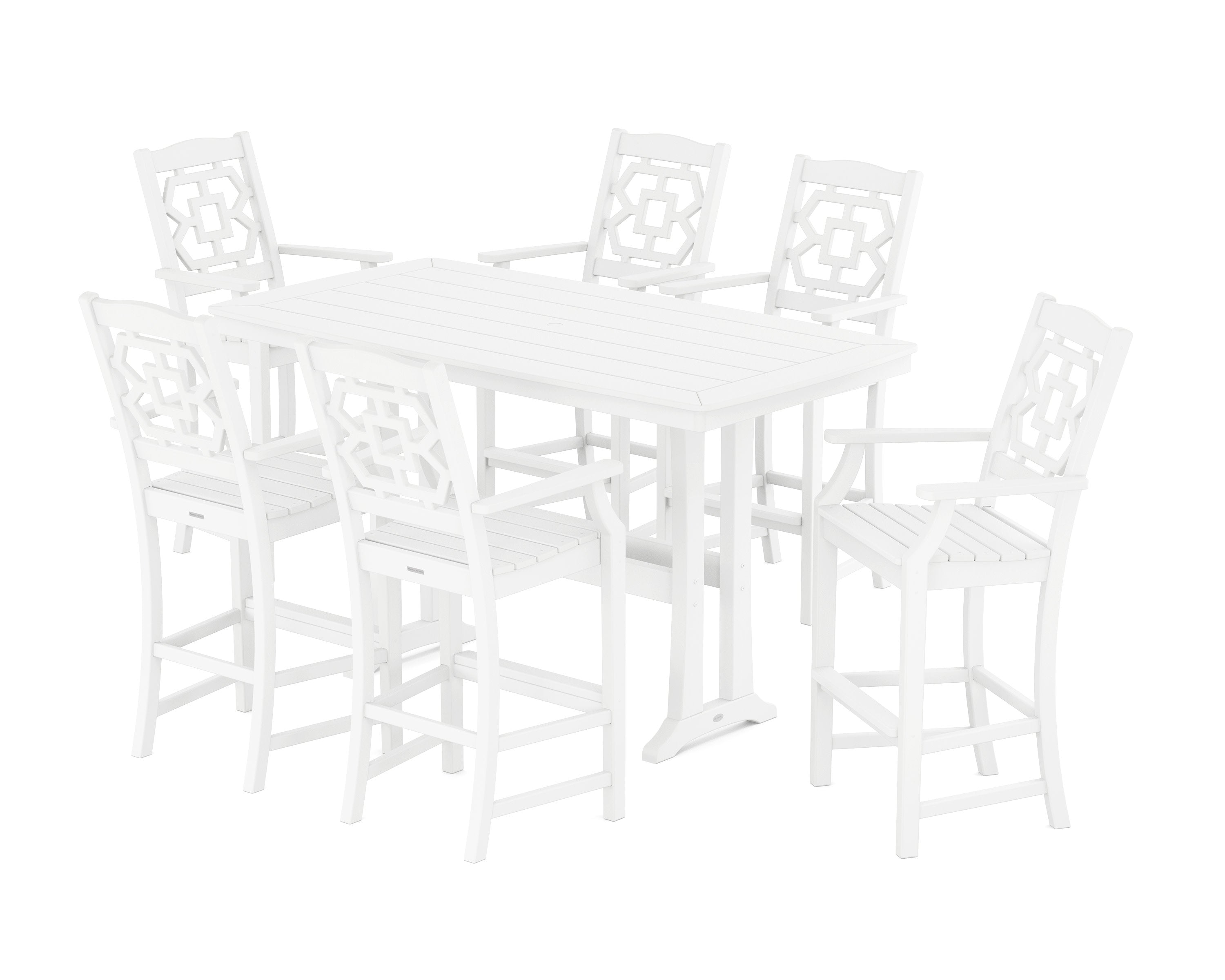Chinoiserie Arm Chair 7-Piece Bar Set with Trestle Legs in White