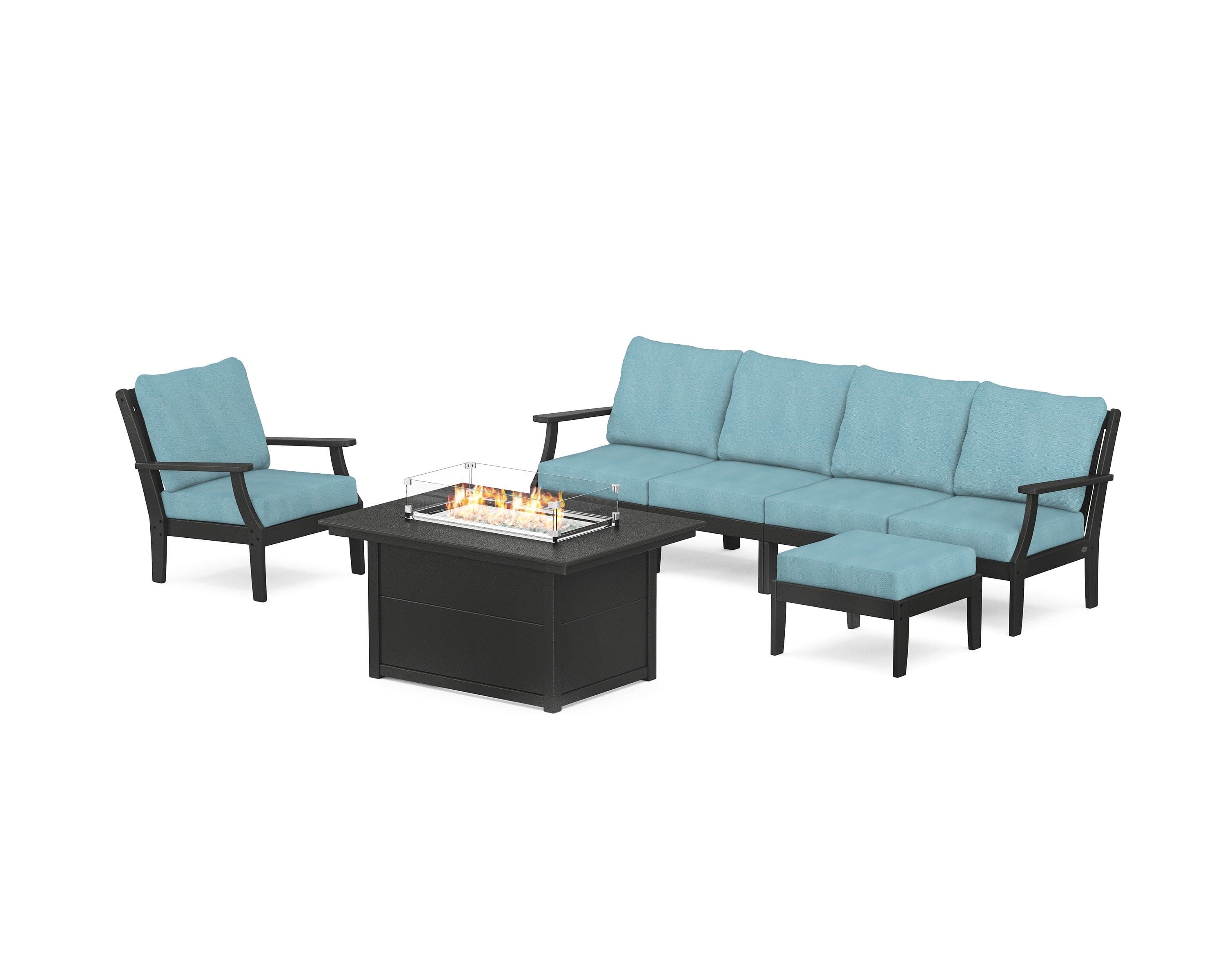 Braxton Sectional Lounge and Fire Pit Set in Black / Lattice Sky Blue