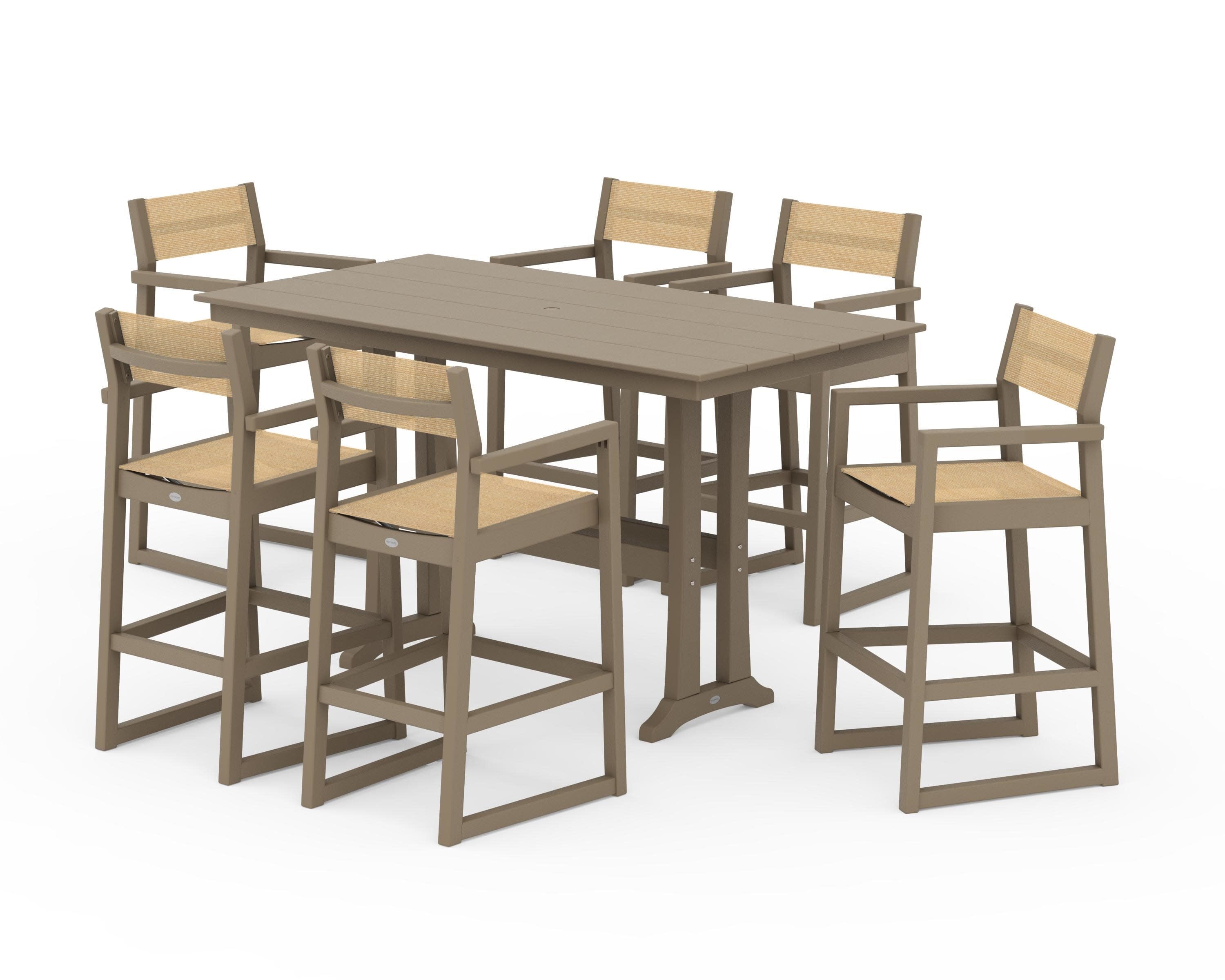 EDGE Sling Arm Chair 7-Piece Farmhouse Bar Set with Trestle Legs in Vintage Sahara / Dupioni Apricot Sling