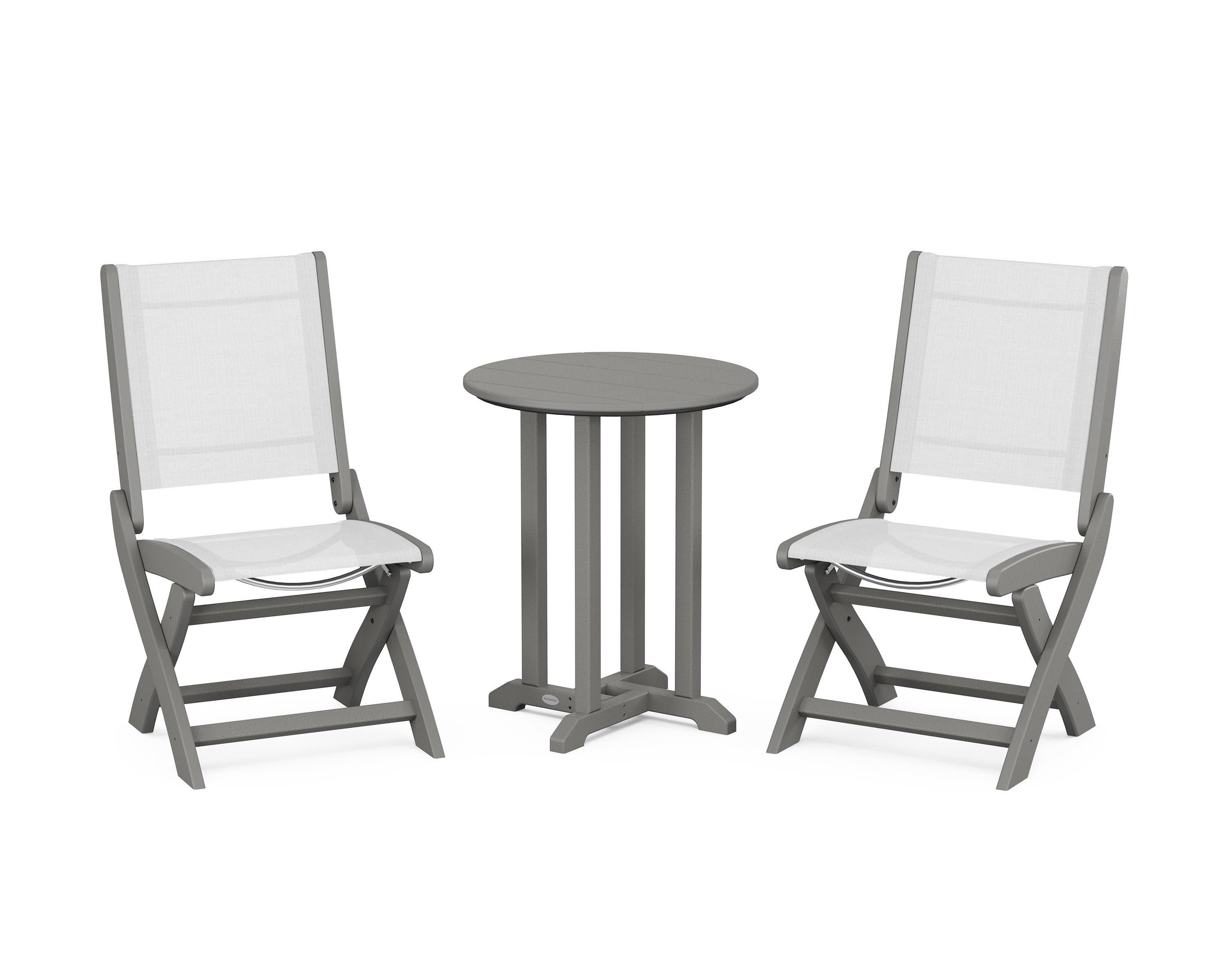 Coastal Folding Side Chair 3-Piece Round Bistro Dining Set in Slate Grey / White Sling