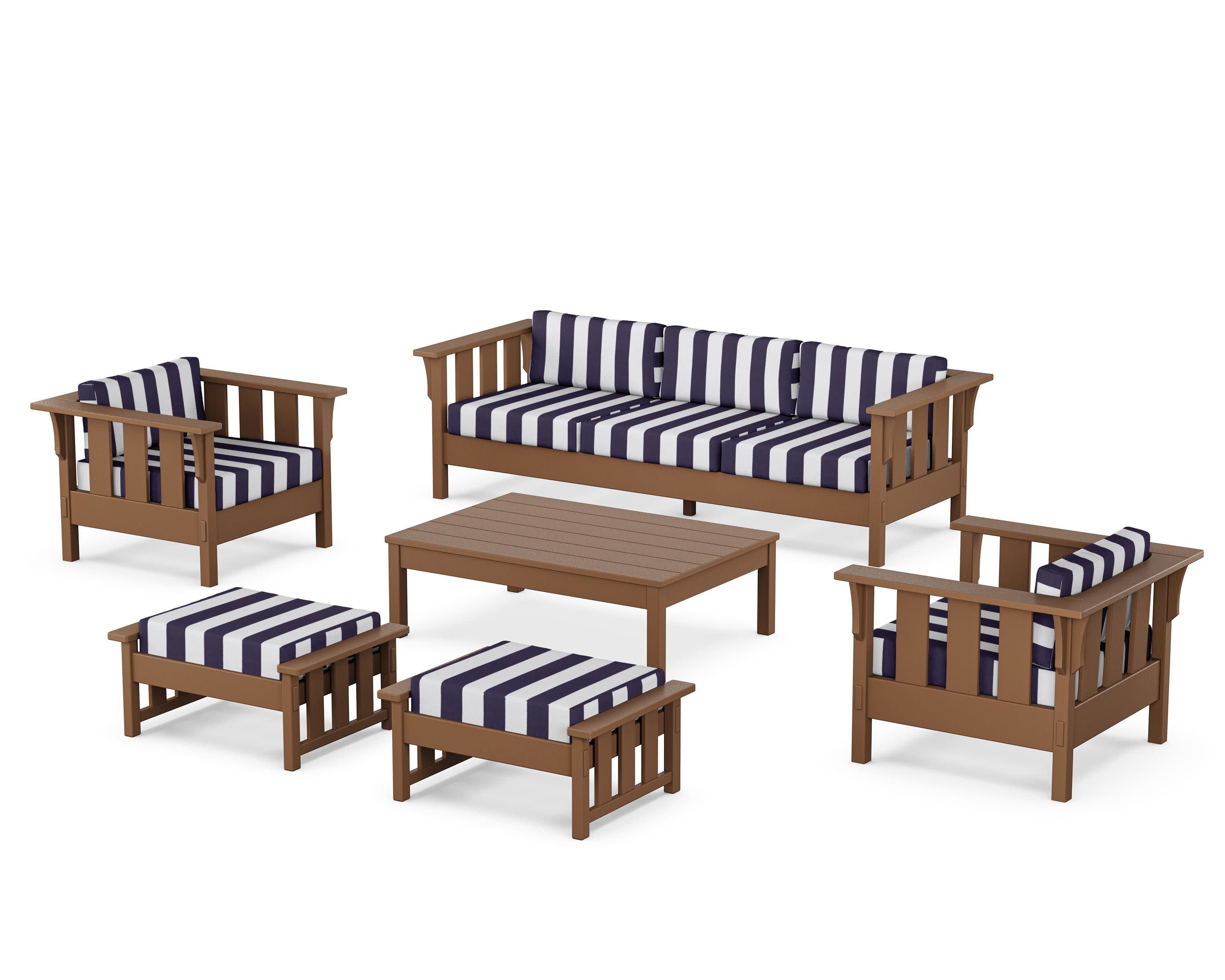 Acadia 6-Piece Lounge Sofa Set in Teak / Cabana Stripe Navy