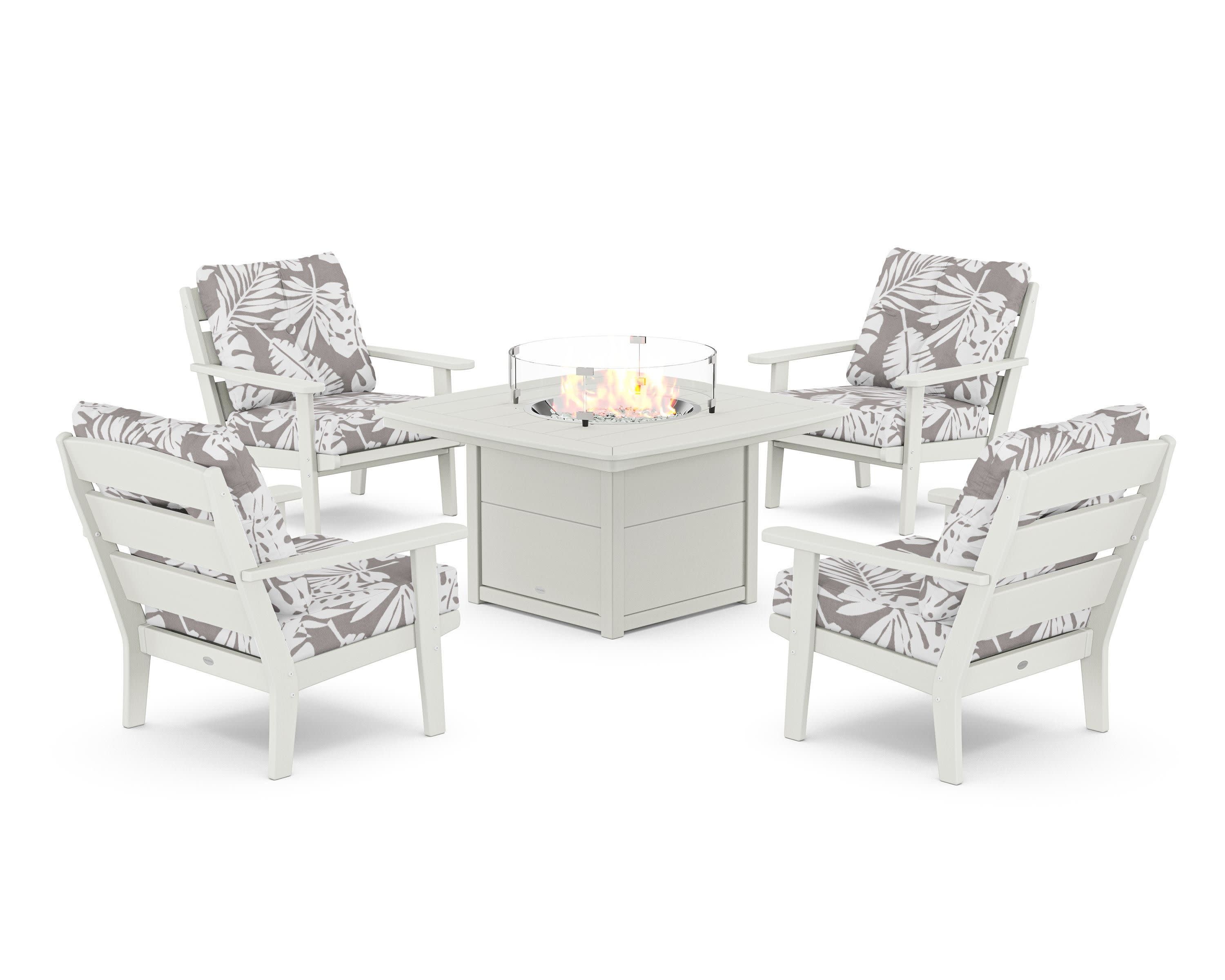 Lakeside 5-Piece Deep Seating Set with Nautical Fire Pit Table in Vintage White / Leaf Grey Mist