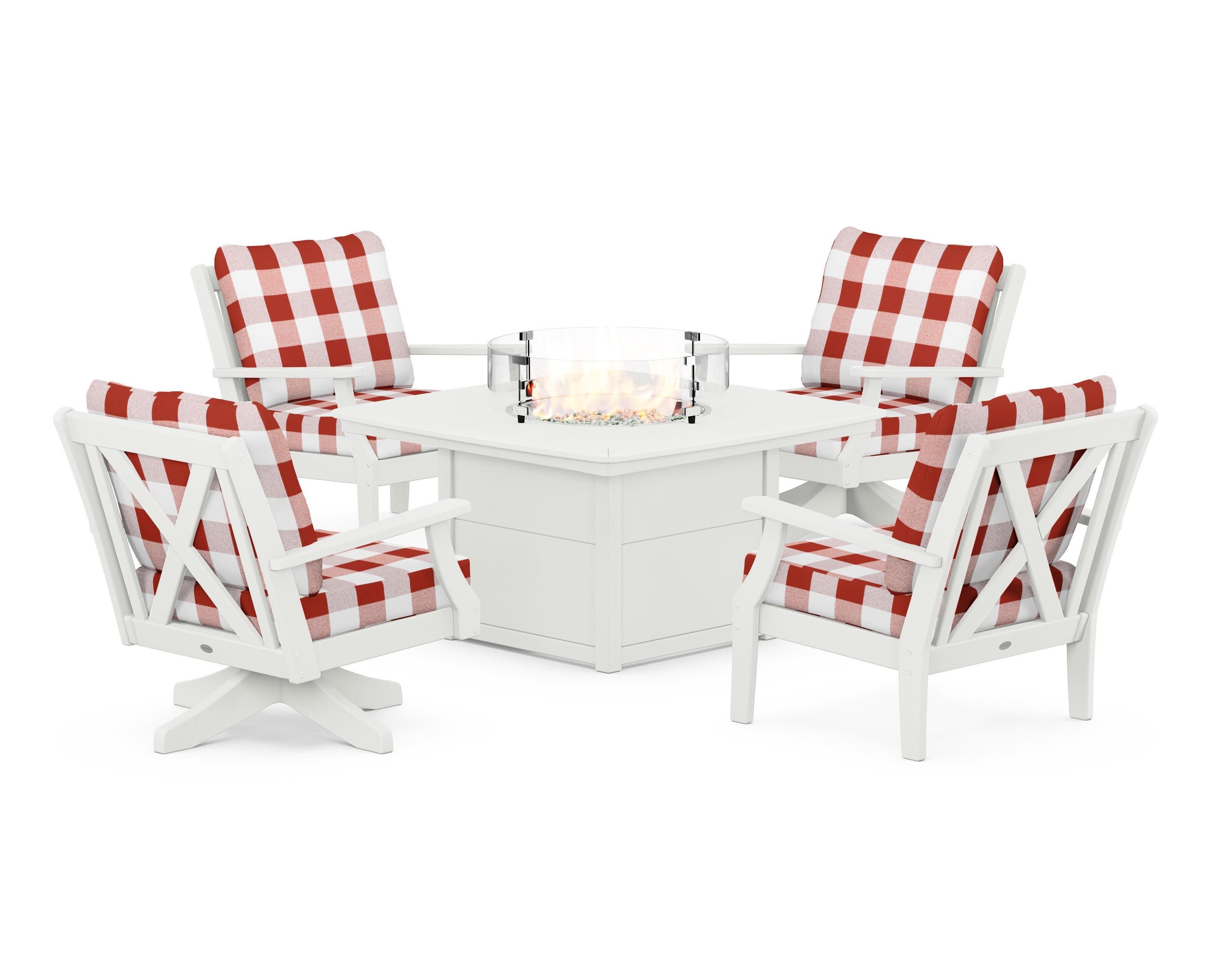 Braxton 5-Piece Deep Seating Set with Fire Table in Vintage White / Buffalo Plaid Crimson