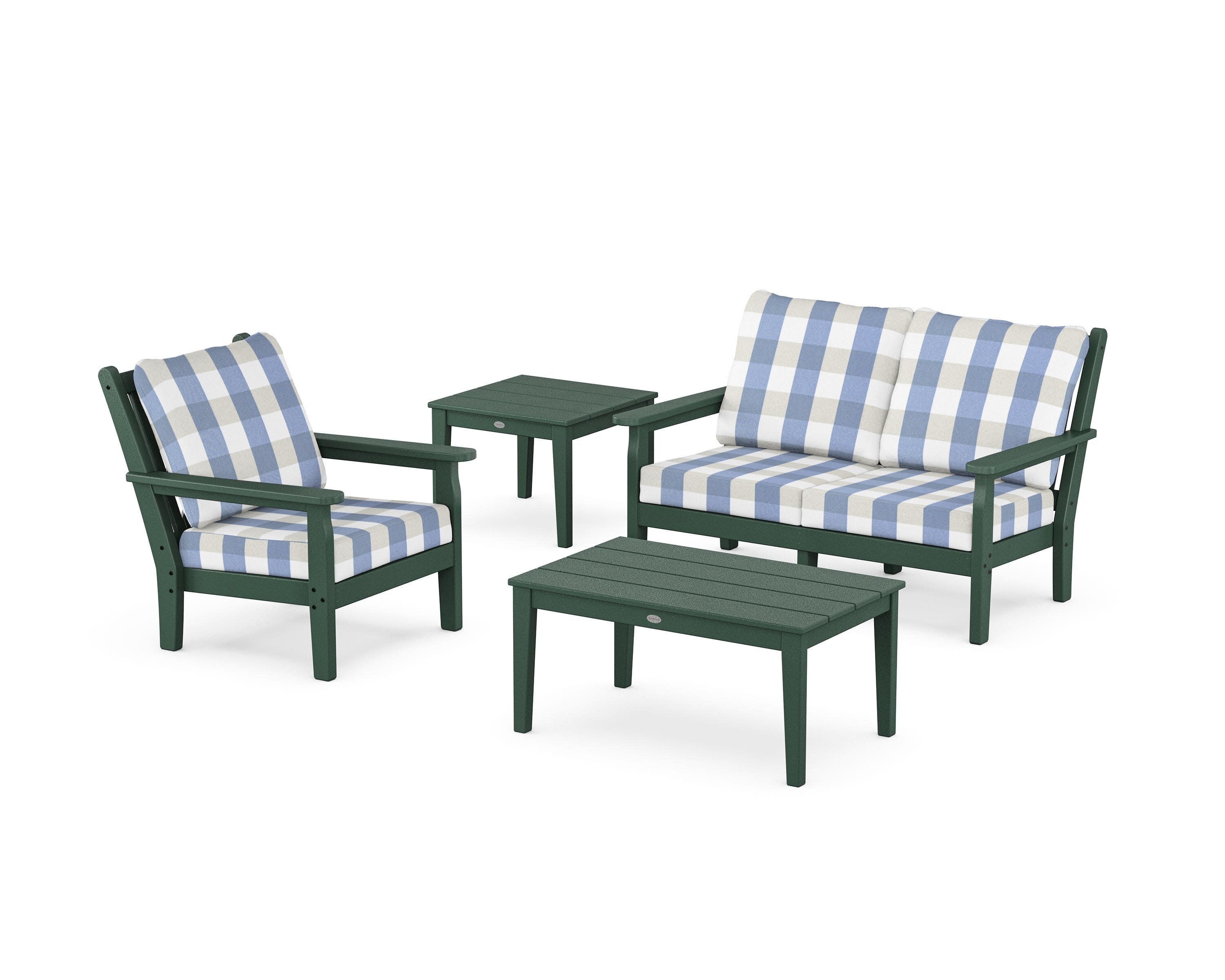 Chippendale 4-Piece Deep Seating Set in Green / Buffalo Plaid Sky Blue