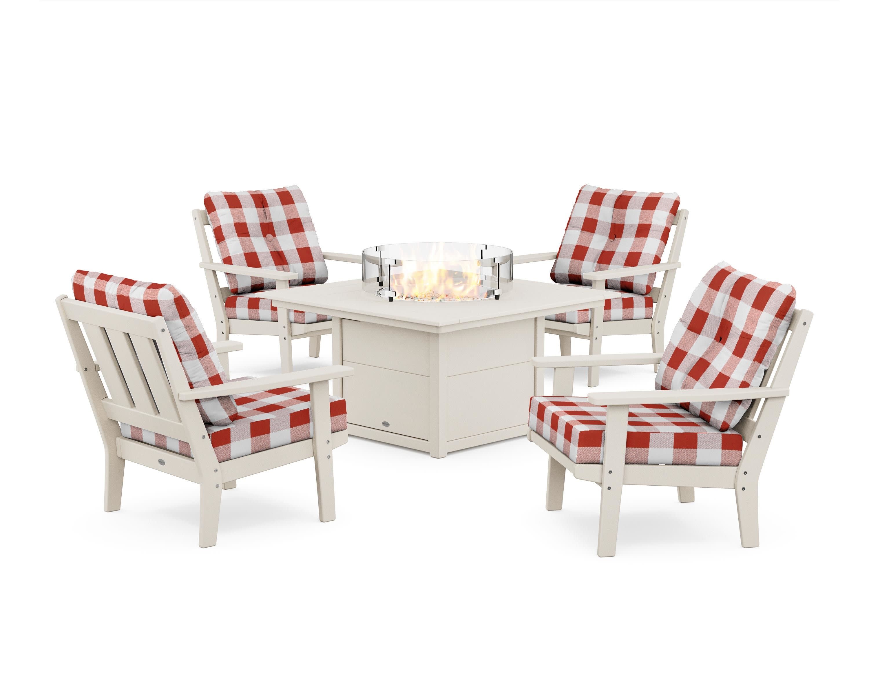 Oxford 5-Piece Deep Seating Set with Fire Pit Table in Sand / Buffalo Plaid Crimson