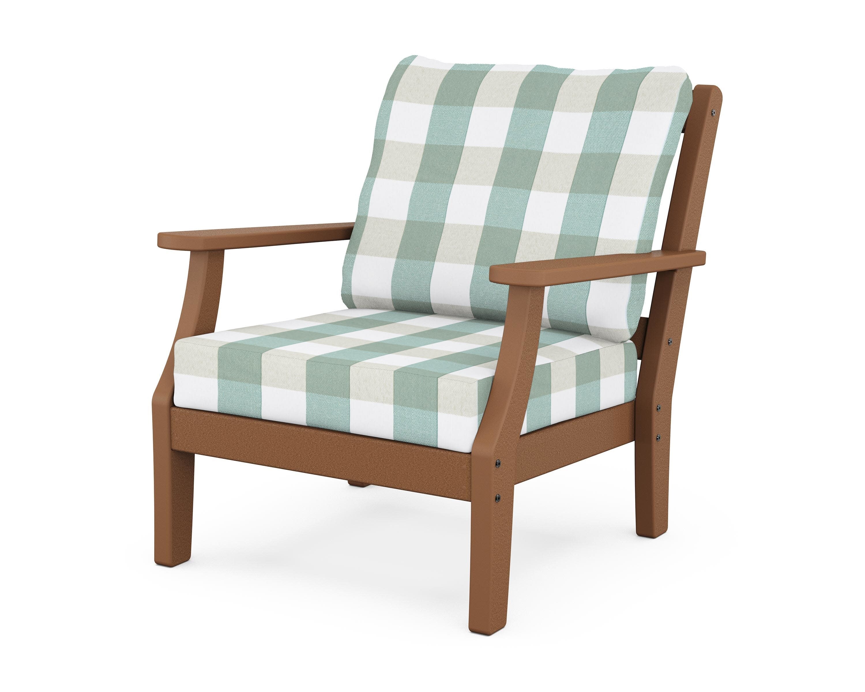 Chinoiserie Deep Seating Chair in Teak / Buffalo Plaid Glacier Spa