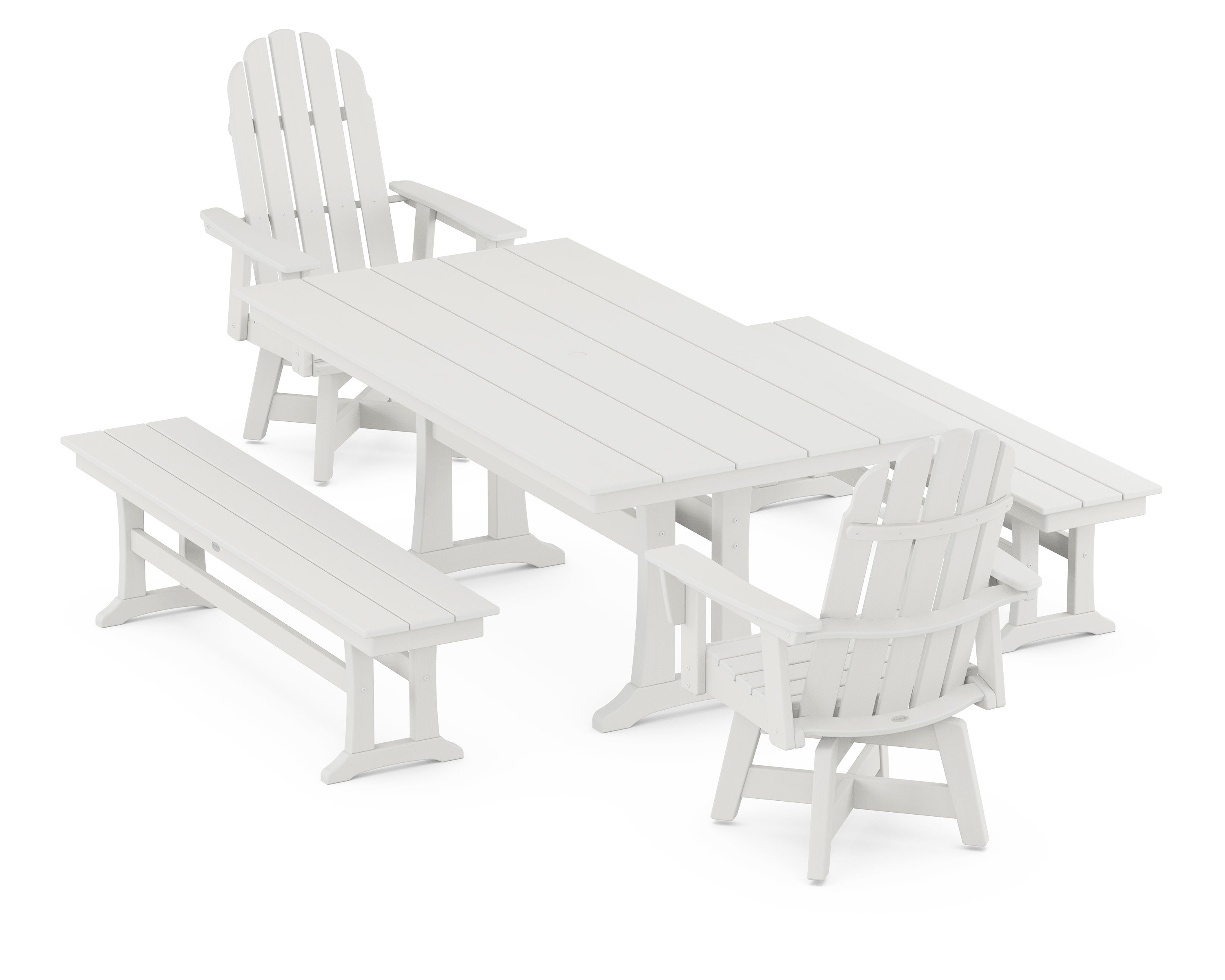 Vineyard Curveback Adirondack Swivel Chair 5-Piece Farmhouse Dining Set With Trestle Legs and Benches in Vintage White