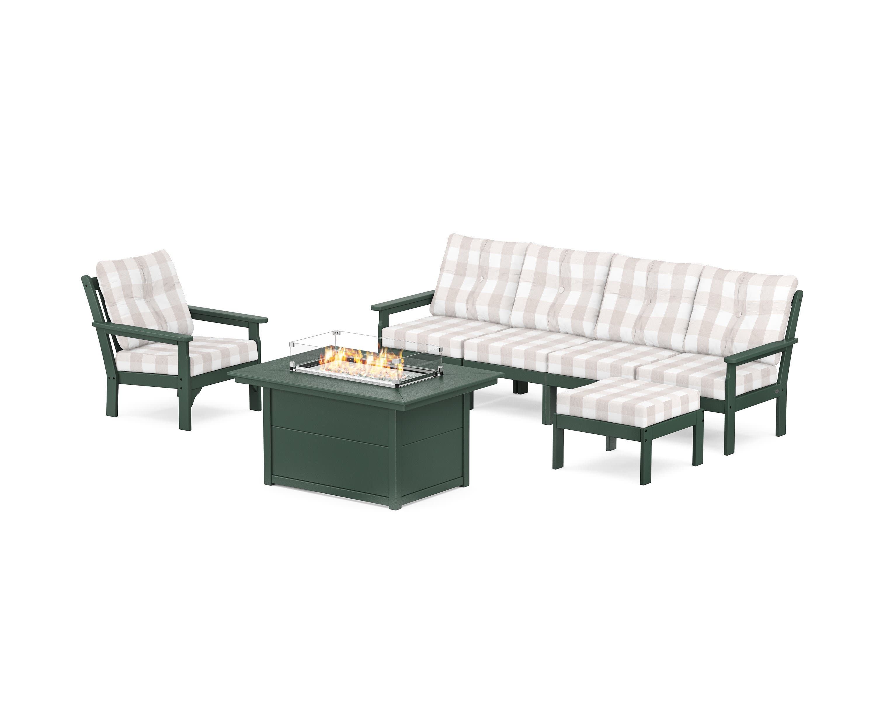 Vineyard Sectional Lounge and Fire Pit Set in Green / Buffalo Plaid Dune Burlap