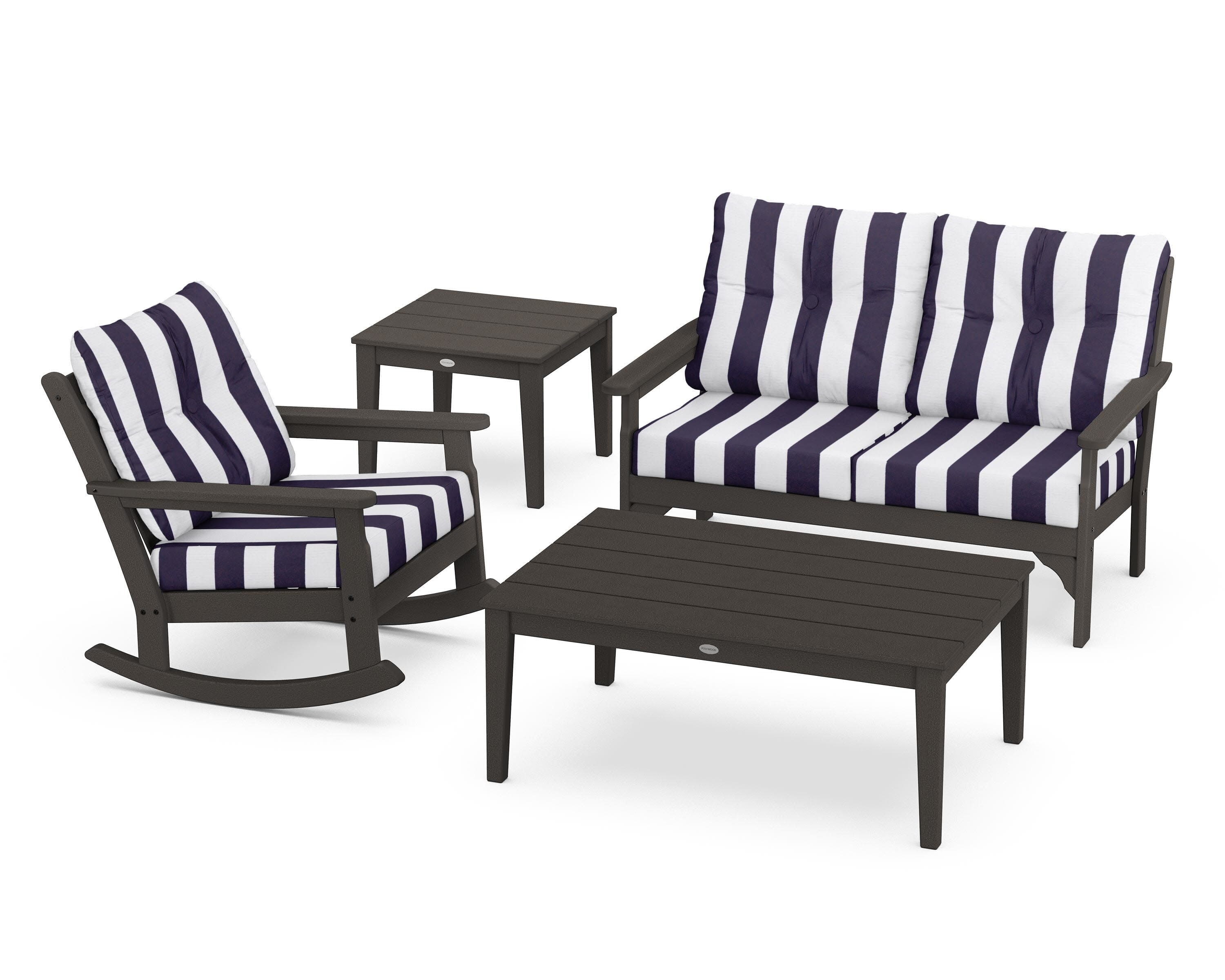 Vineyard 4-Piece Deep Seating Rocker Set in Vintage Coffee / Cabana Stripe Navy