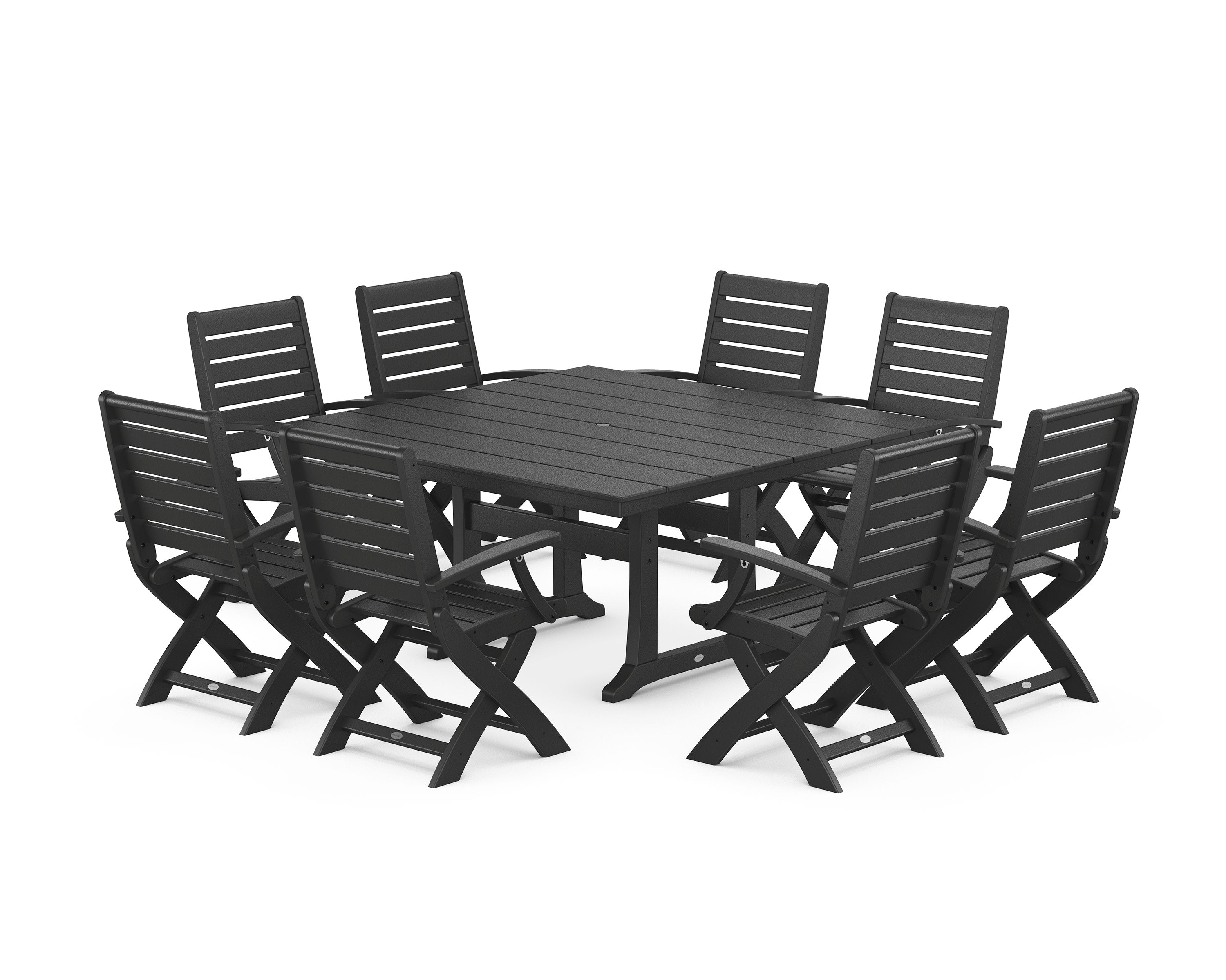 Signature Folding Chair 9-Piece Square Farmhouse Dining Set with Trestle Legs in Black
