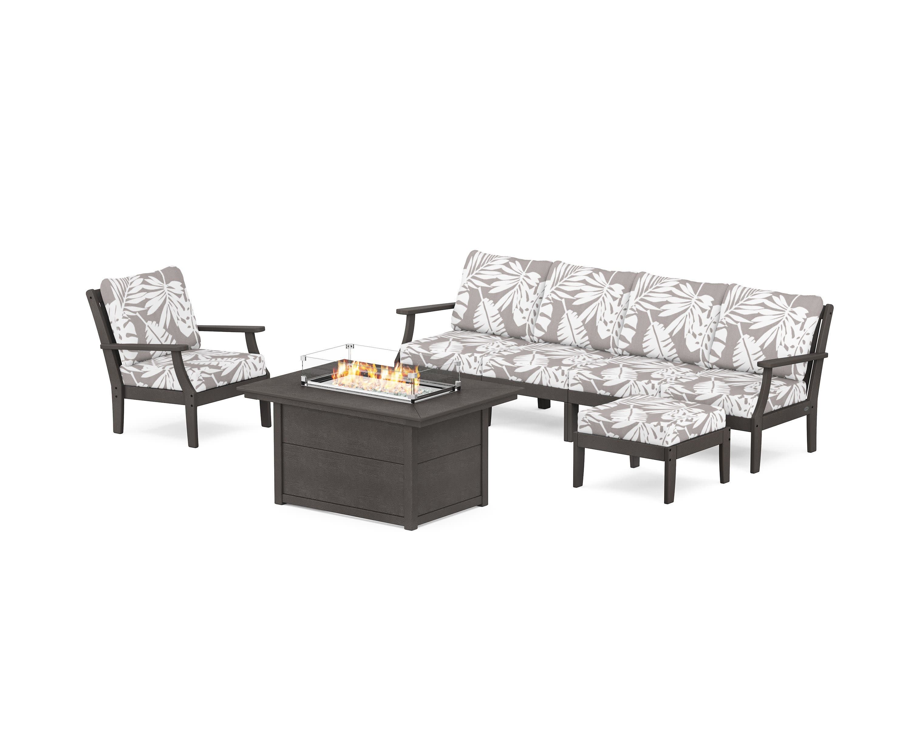 Braxton Sectional Lounge and Fire Pit Set in Vintage Coffee / Leaf Grey Mist
