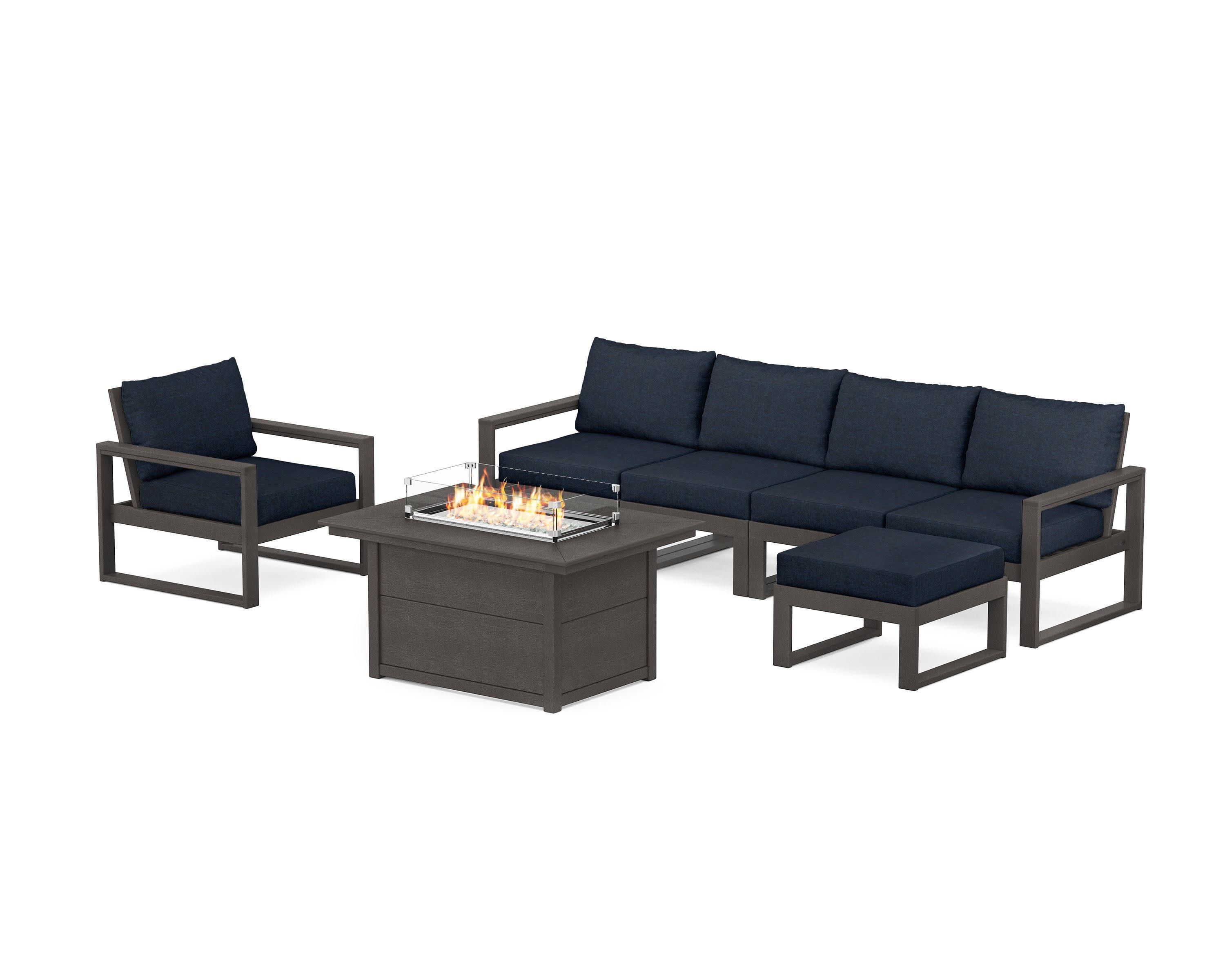 EDGE Sectional Lounge and Fire Pit Set in Vintage Coffee / Marine Indigo