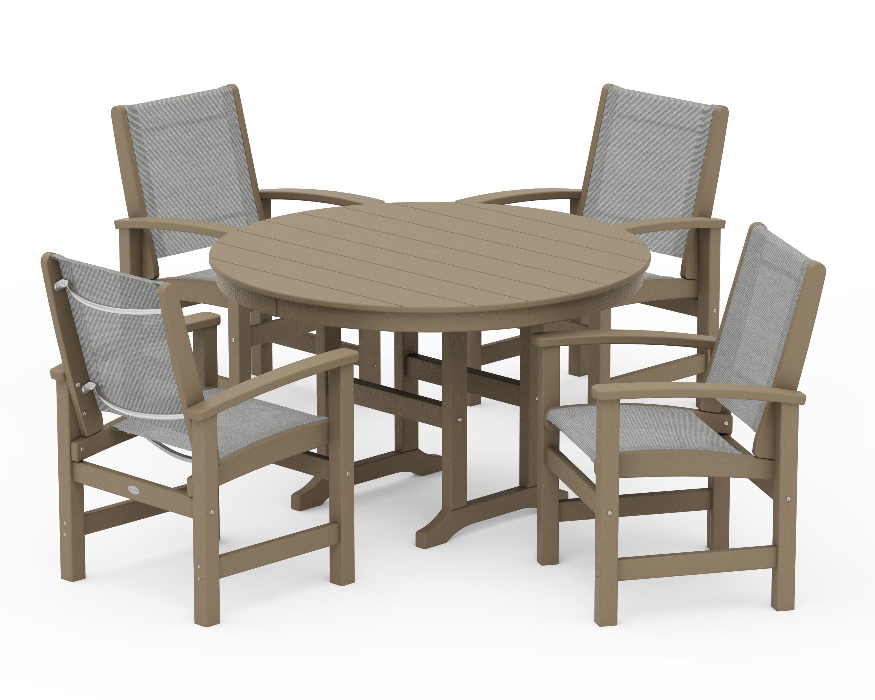 Coastal 5-Piece Round Farmhouse Dining Set in Vintage Sahara / Metallic Sling