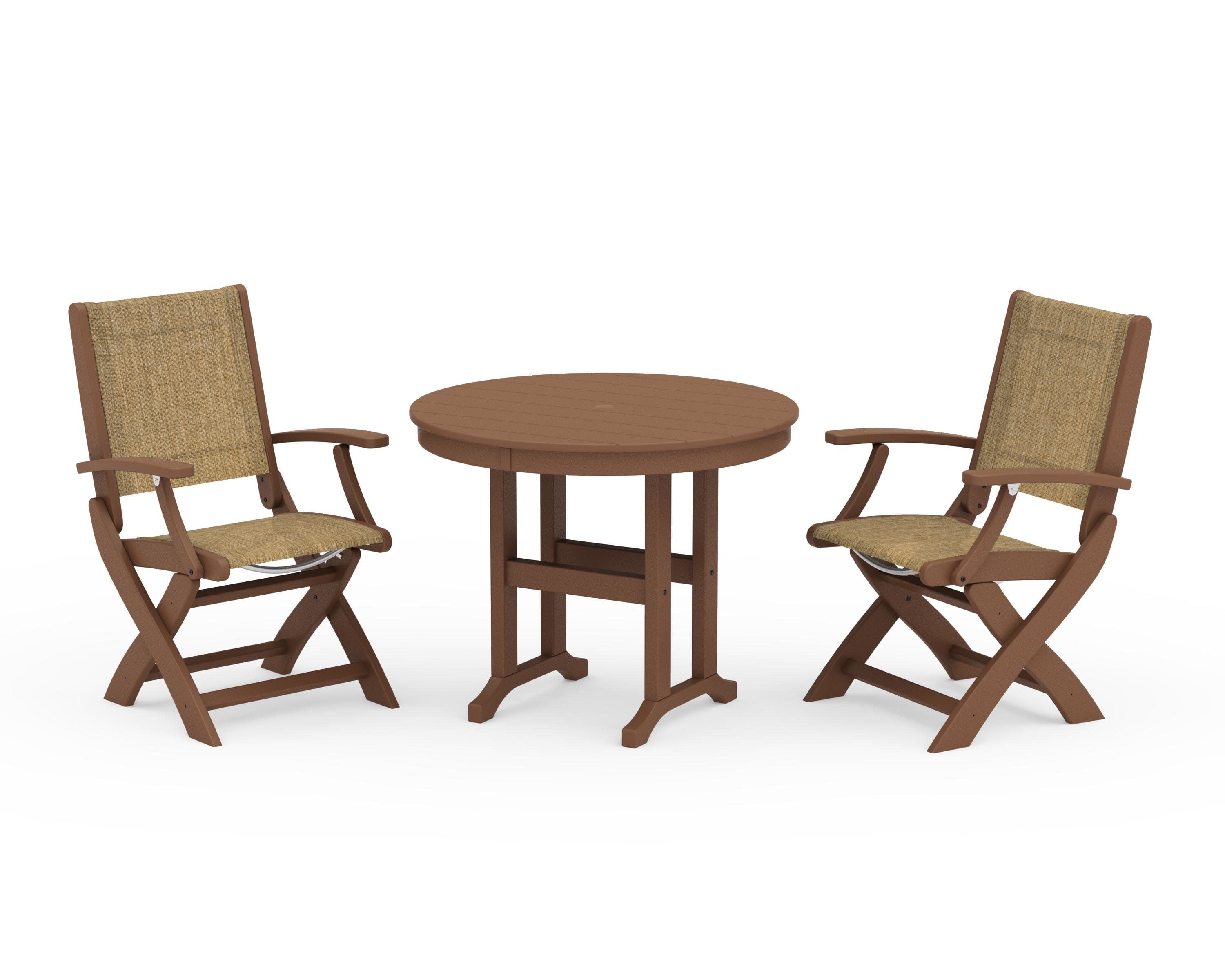 Coastal Folding Chair 3-Piece Round Dining Set in Teak / Burlap Sling