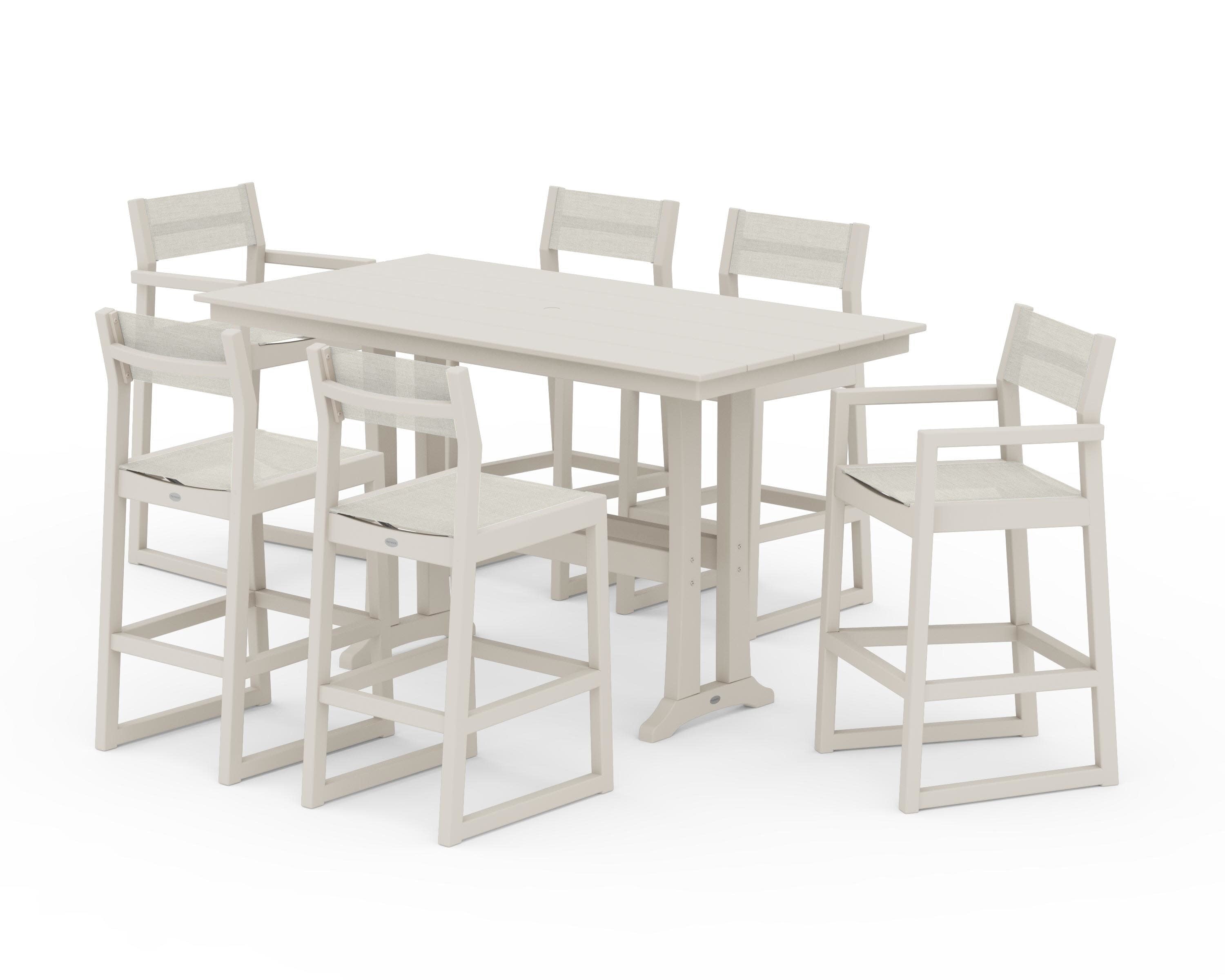 EDGE Sling 7-Piece Farmhouse Bar Set with Trestle Legs in Sand / Parchment Sling