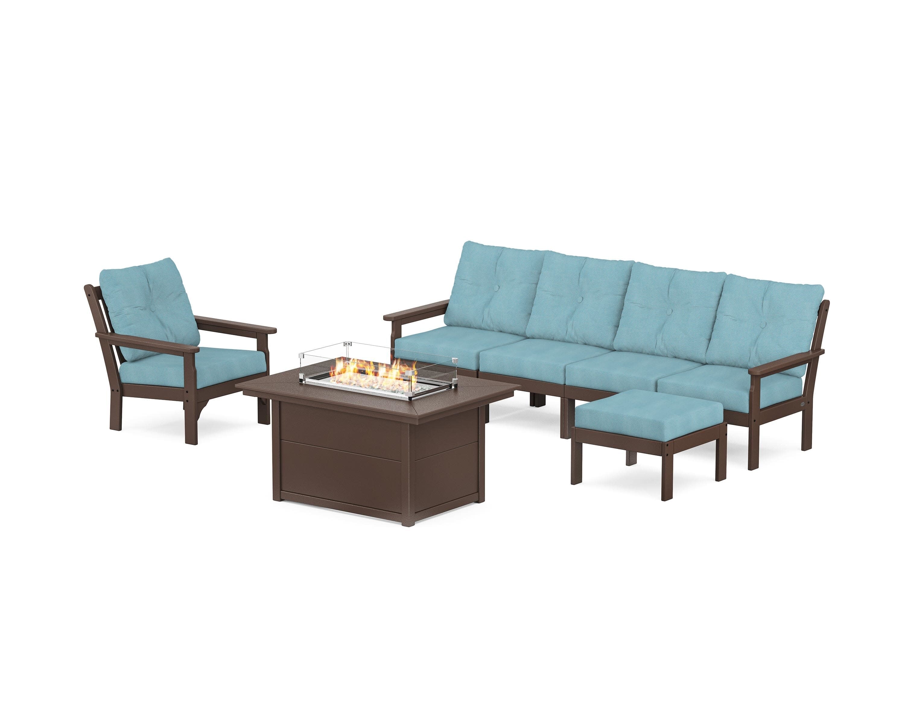 Vineyard Sectional Lounge and Fire Pit Set in Mahogany / Lattice Sky Blue