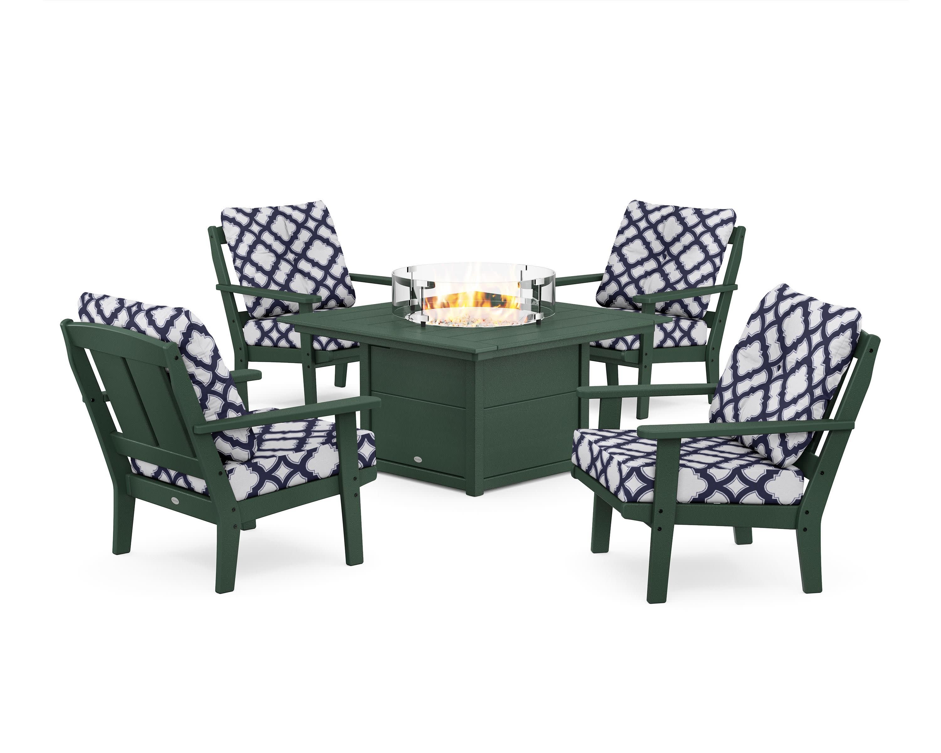 Mission 5-Piece Deep Seating Set with Fire Pit Table in Green / Trellis Navy
