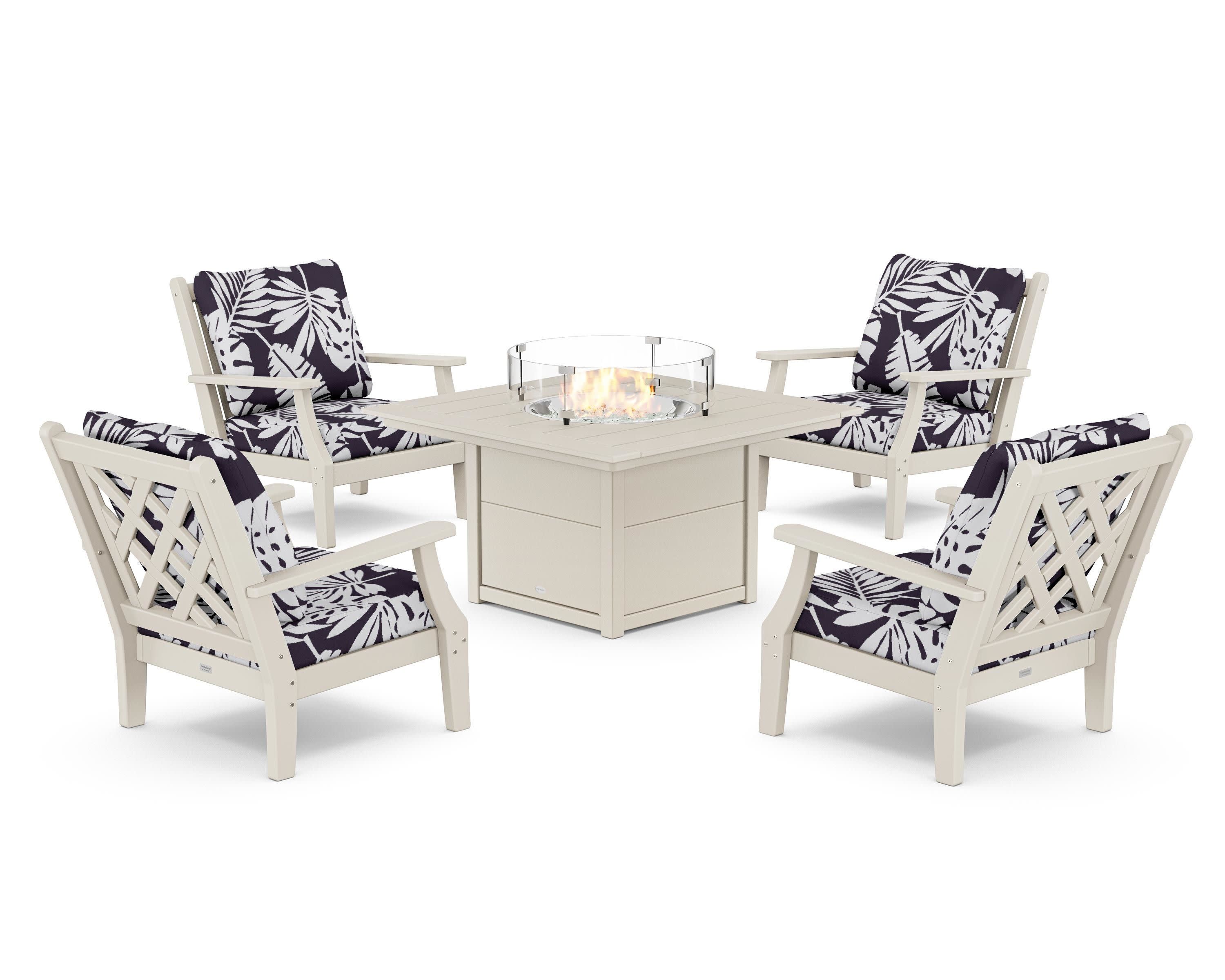 Wovendale 5-Piece Deep Seating Set with Fire Pit Table in Sand / Leaf Navy