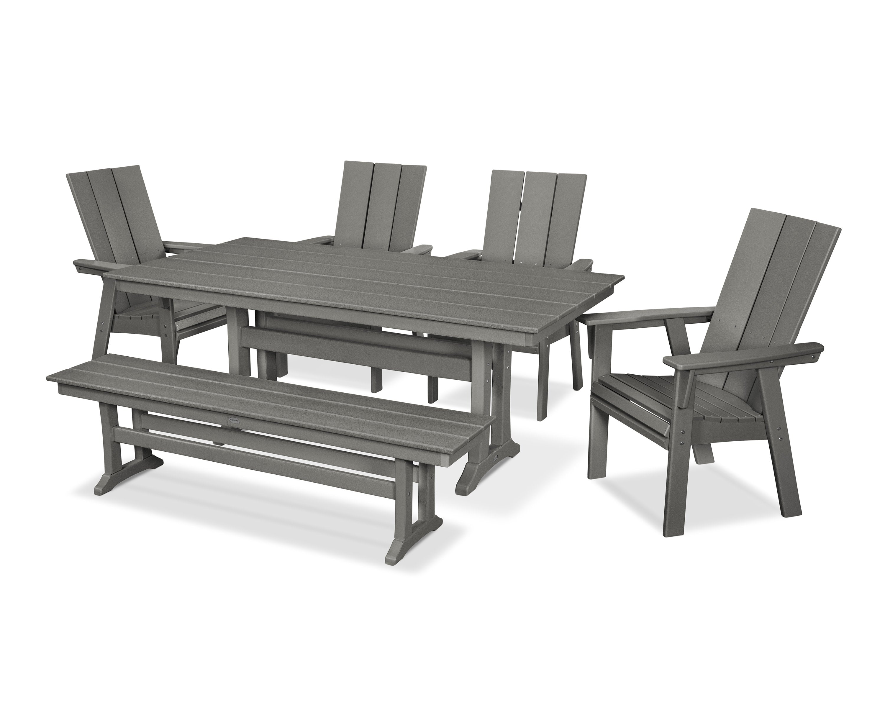 Modern Curveback Adirondack 6-Piece Farmhouse Dining Set with Trestle Legs and Bench in Slate Grey