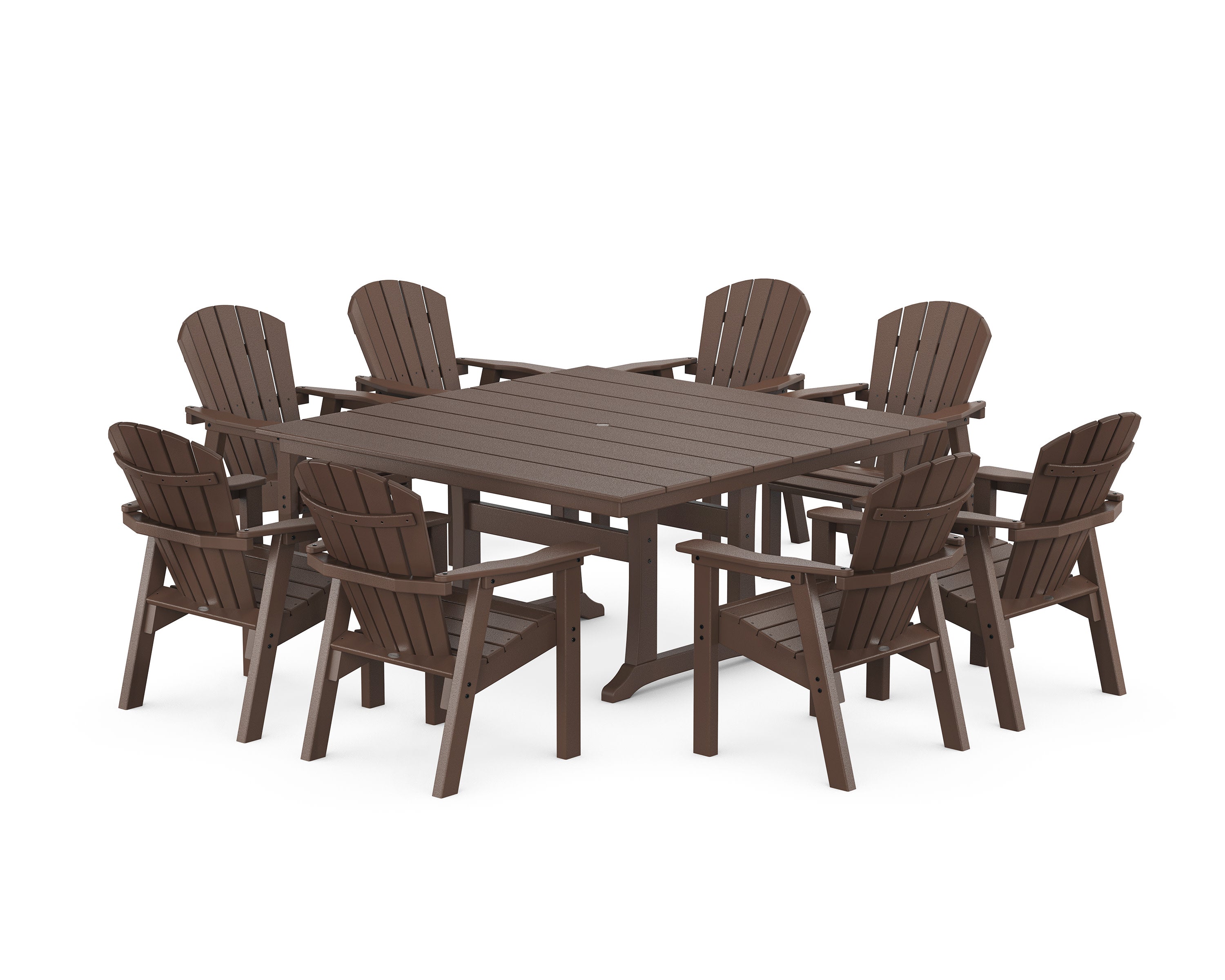 Seashell 9-Piece Square Farmhouse Dining Set with Trestle Legs in Mahogany