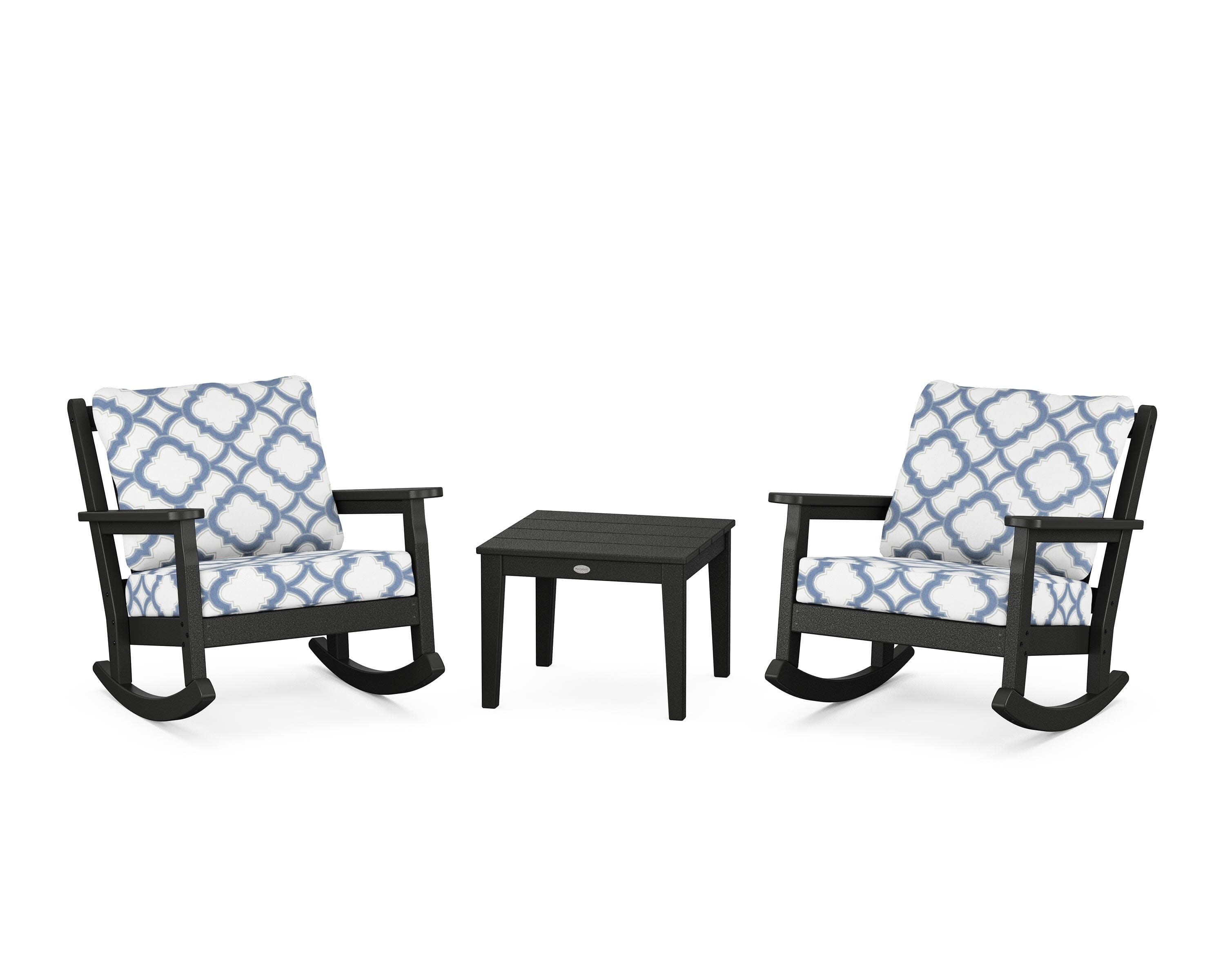 Chippendale 3-Piece Deep Seating Rocker Set in Black / Trellis Sky Blue
