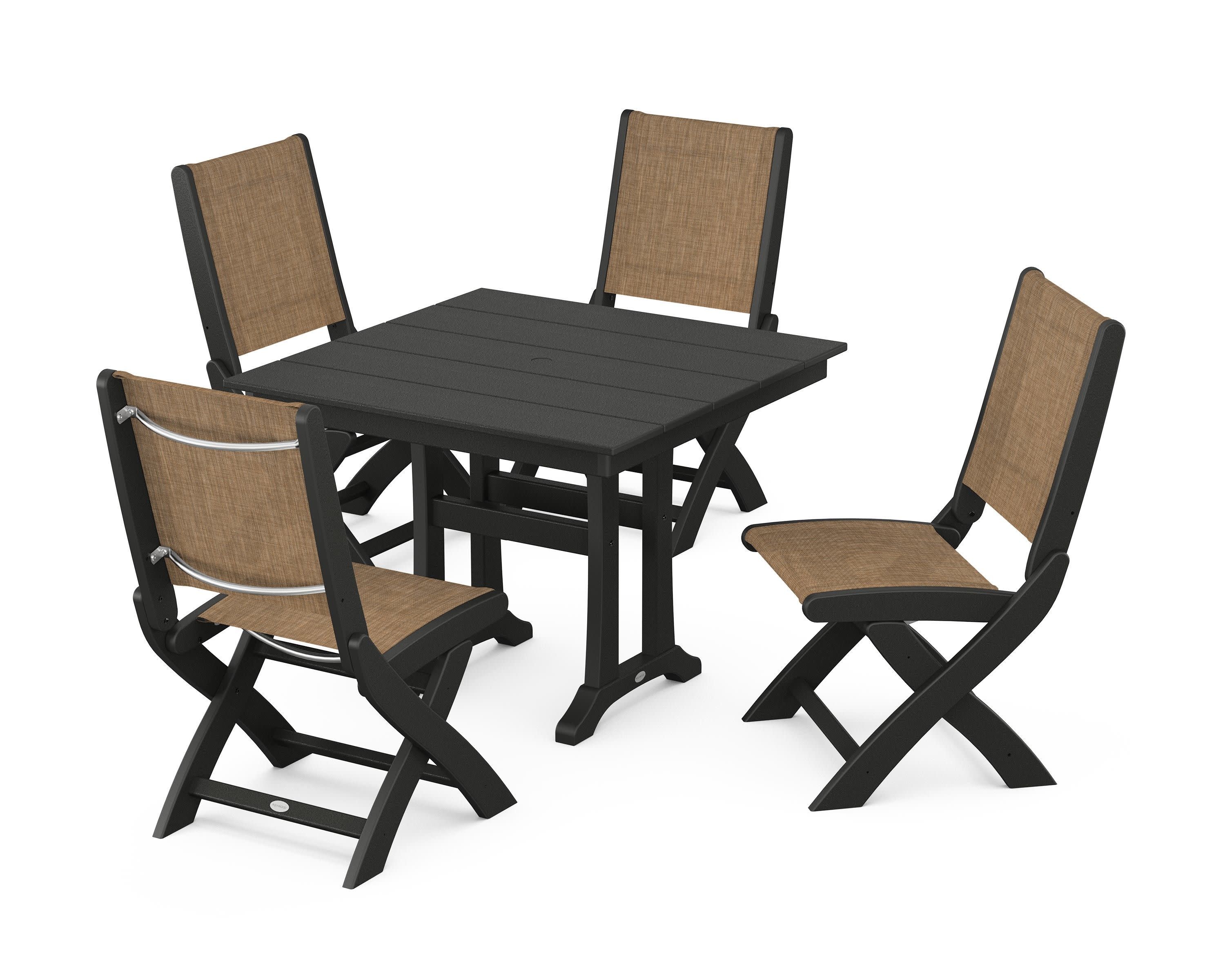 Coastal Folding Side Chair 5-Piece Farmhouse Dining Set With Trestle Legs in Black / Burlap Sling