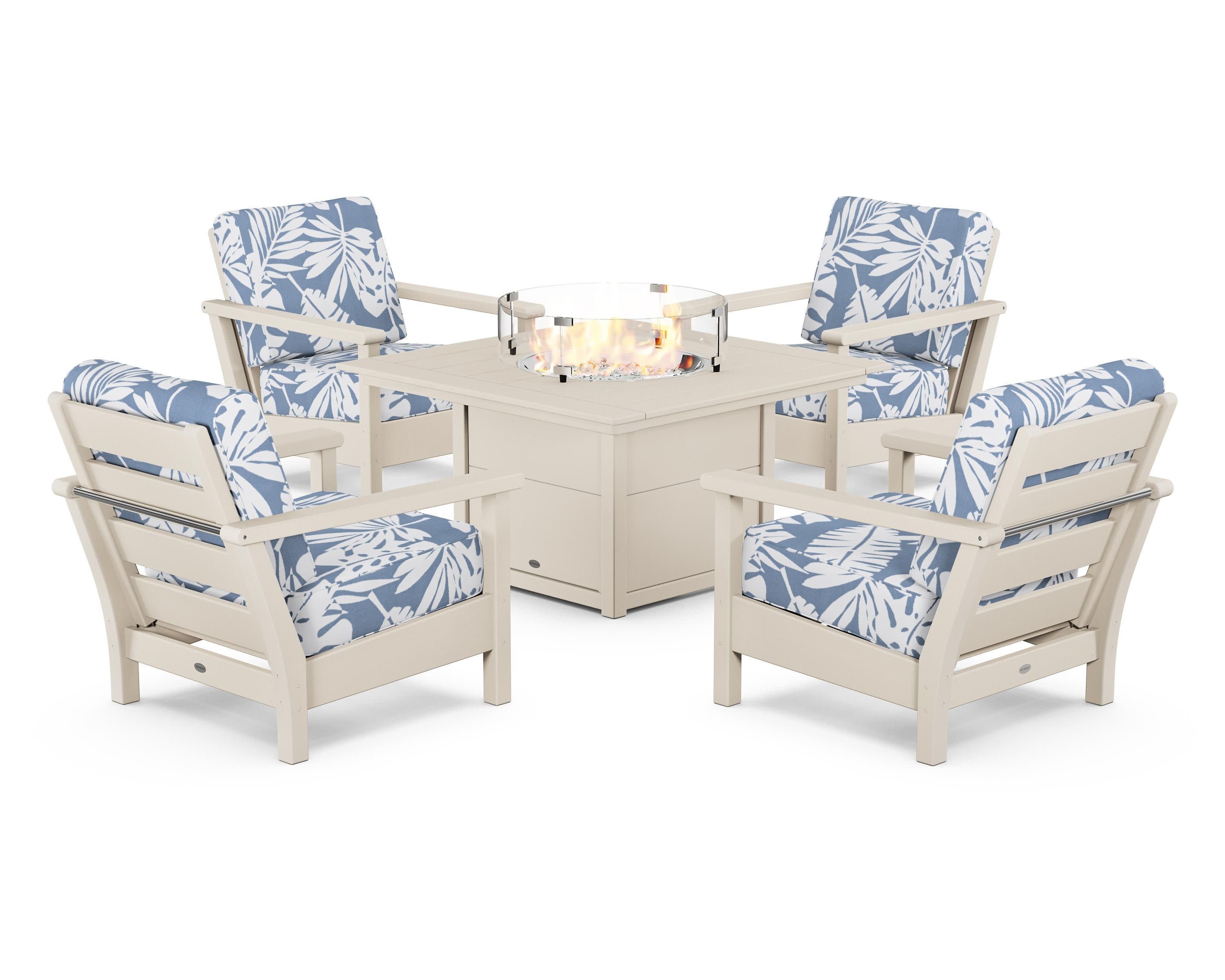 Harbour 5-Piece Conversation Set with Fire Pit Table in Sand / Leaf Sky Blue