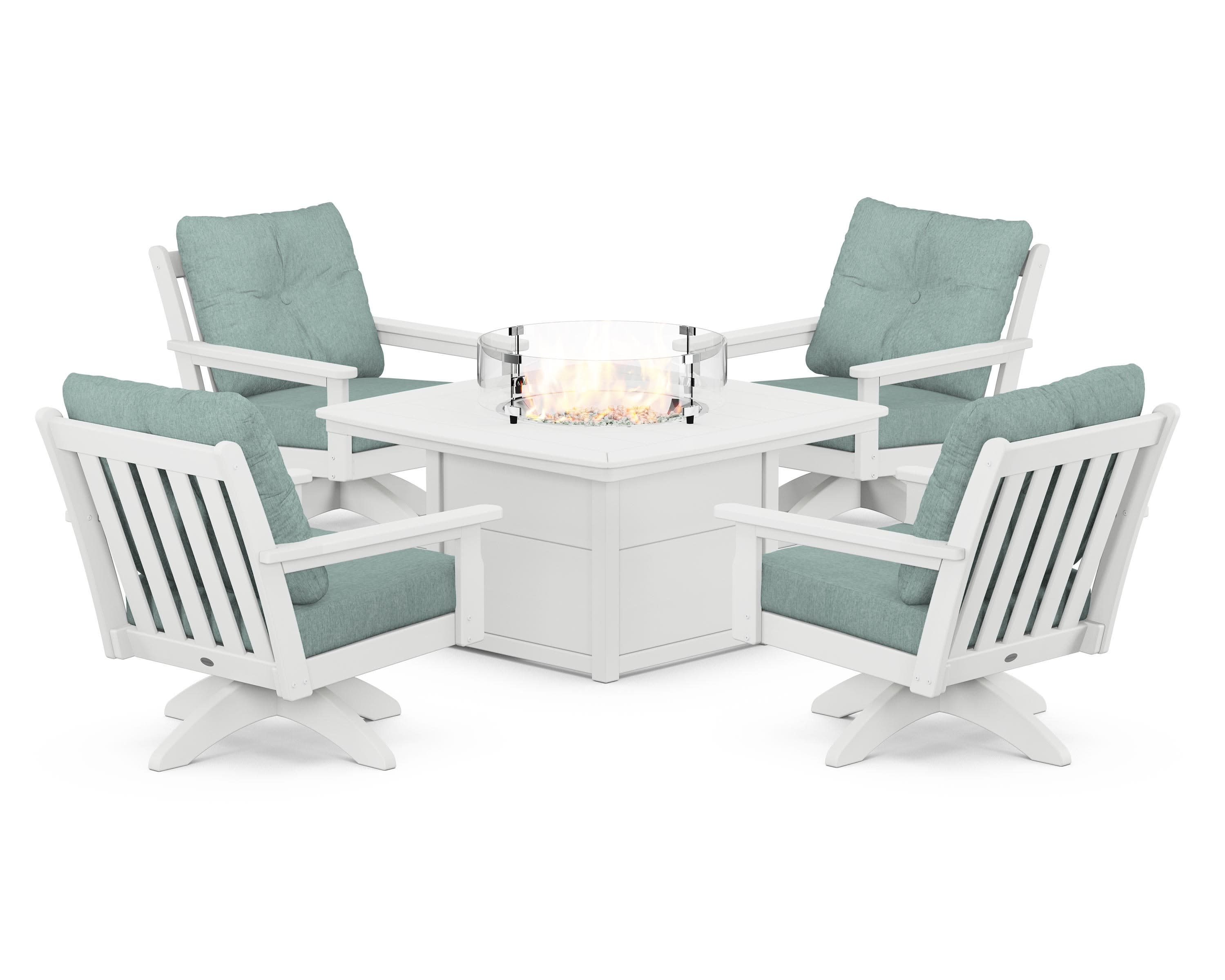 Vineyard 5-Piece Deep Seating Swivel Conversation Set with Fire Pit Table in White / Glacier Spa