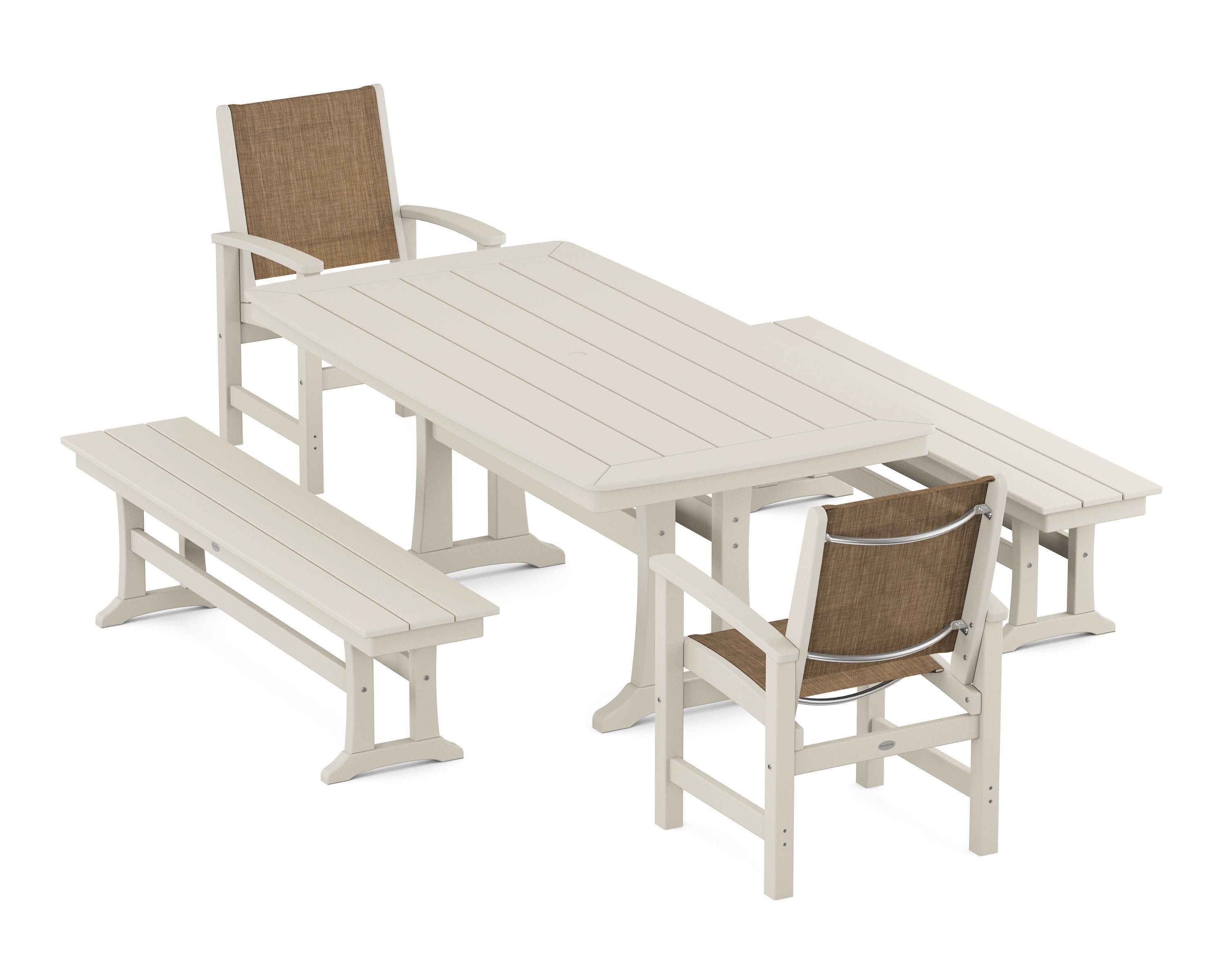 Coastal 5-Piece Dining Set with Trestle Legs and Benches in Sand / Burlap Sling