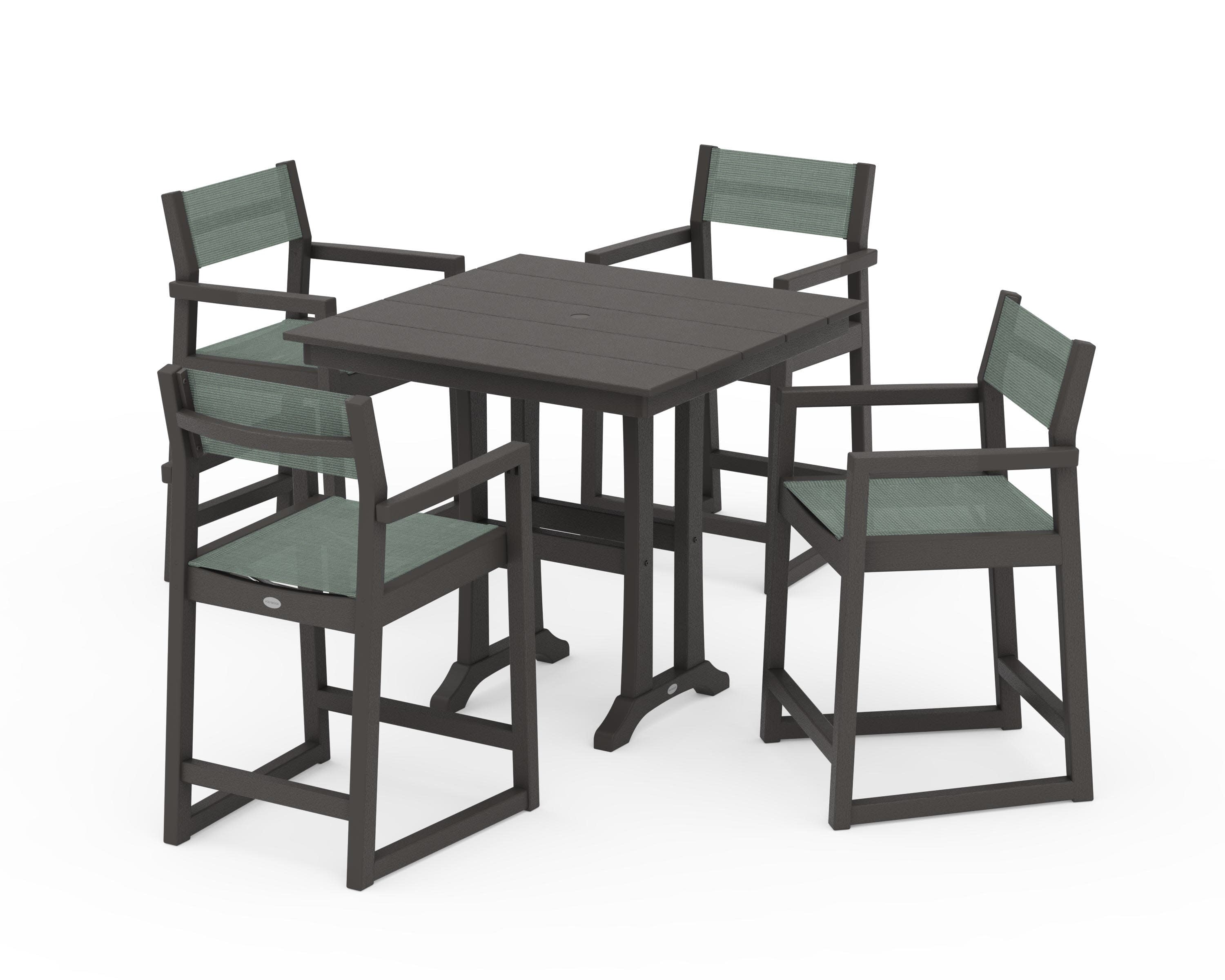 EDGE Sling Arm Chair 5-Piece Farmhouse Counter Set with Trestle Legs in Vintage Coffee / Dupioni Sea Mist Sling