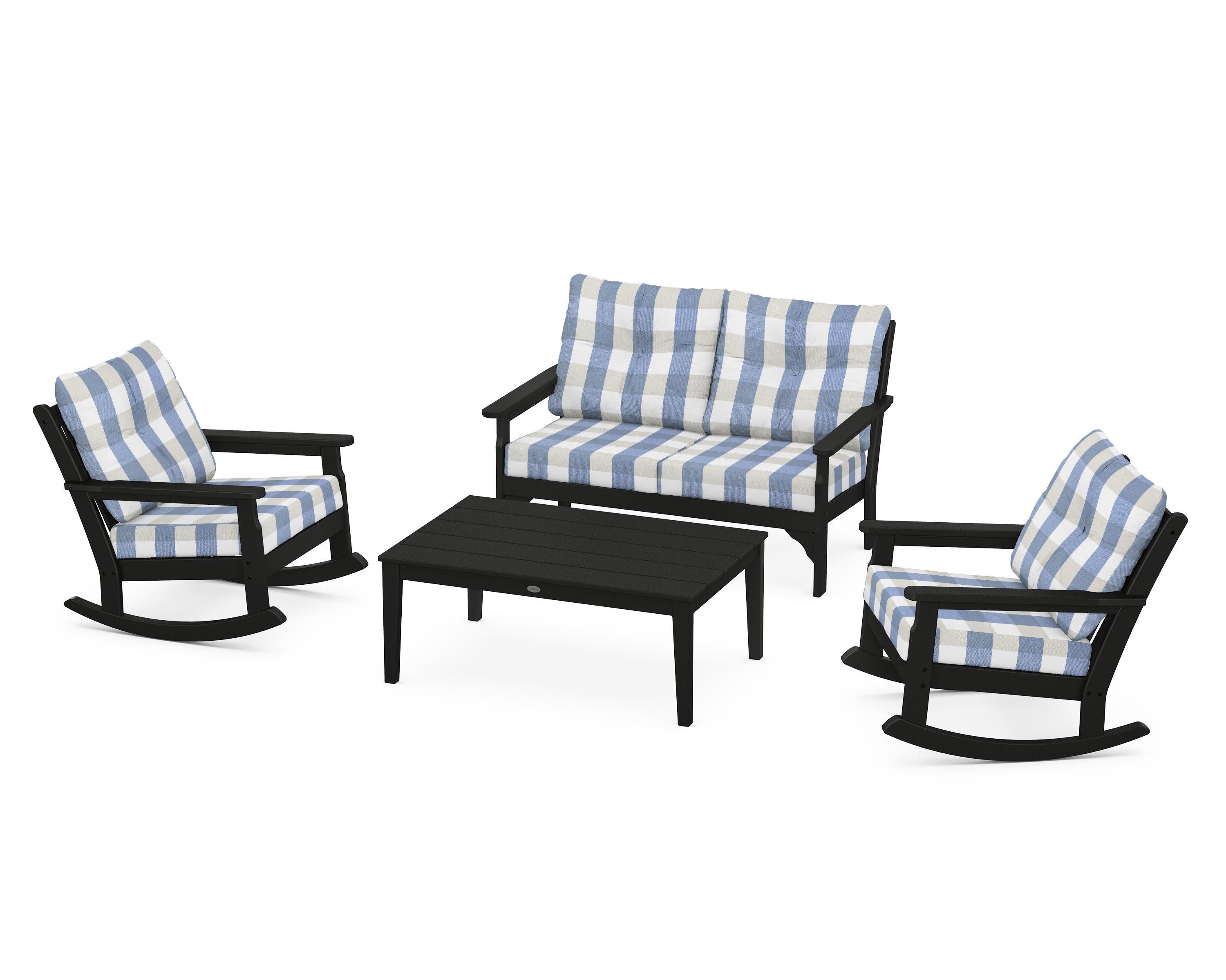 Vineyard 4-Piece Deep Seating Rocking Chair Set in Black / Buffalo Plaid Sky Blue