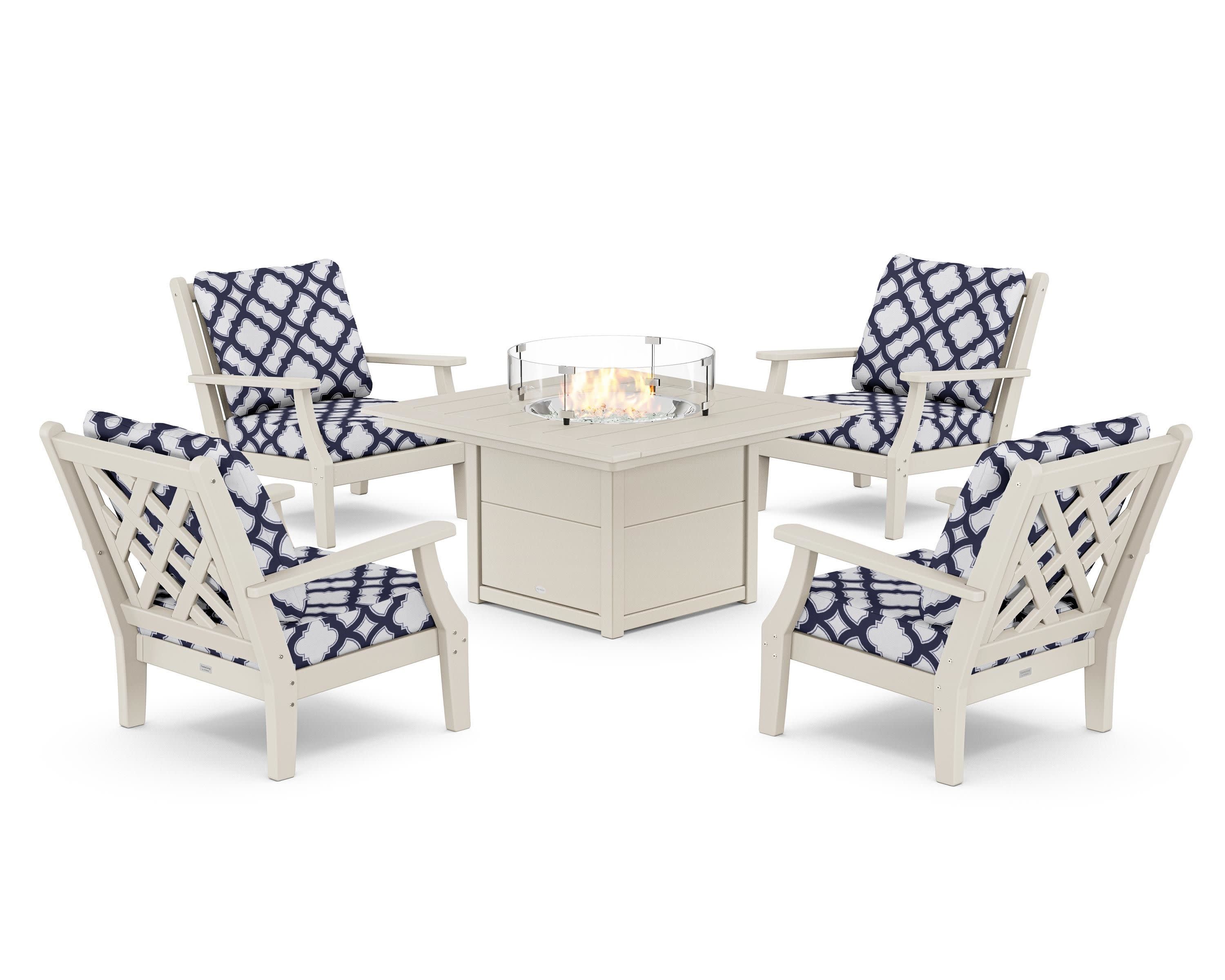 Wovendale 5-Piece Deep Seating Set with Fire Pit Table in Sand / Trellis Navy