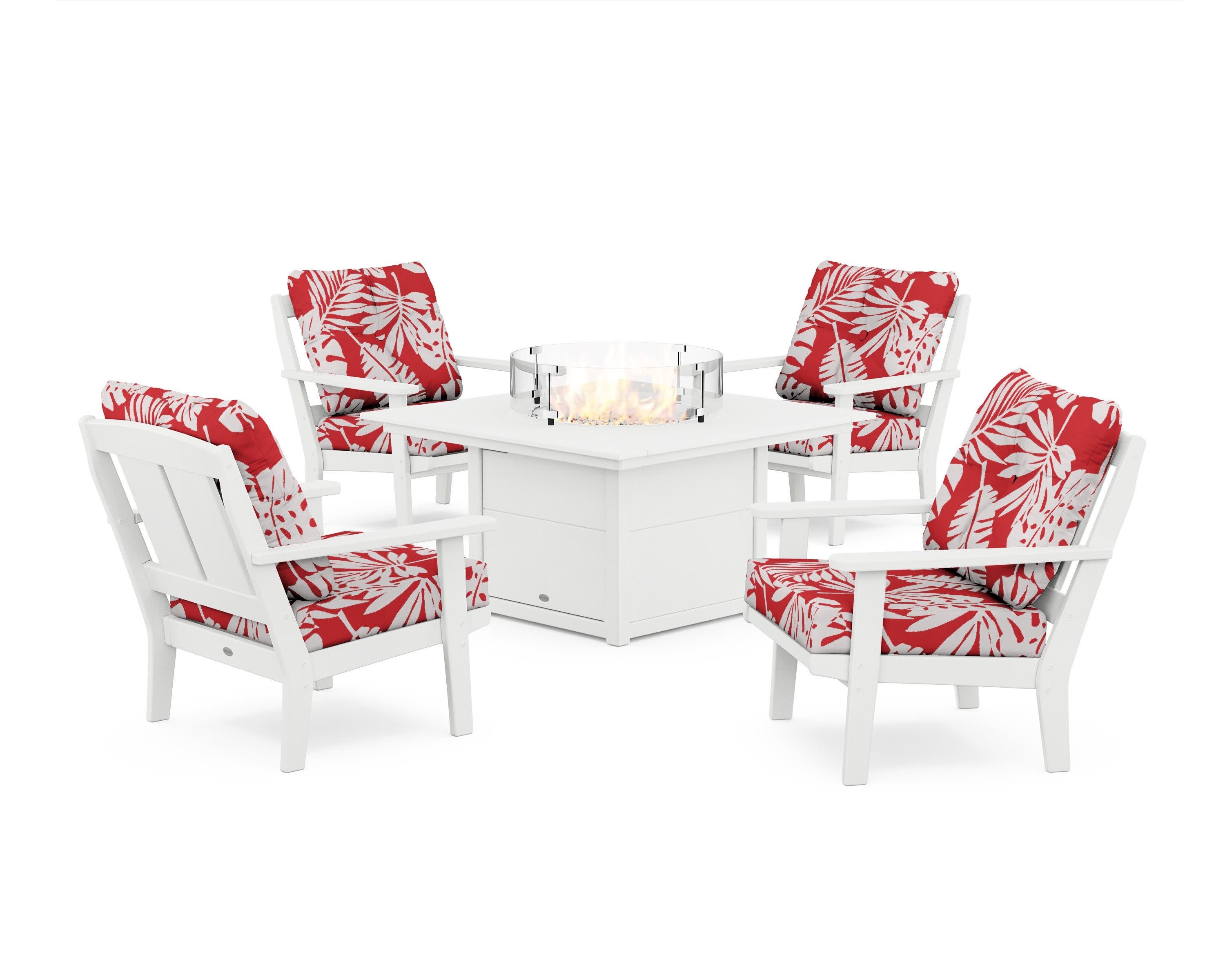 Mission 5-Piece Deep Seating Set with Fire Pit Table in White / Leaf Crimson
