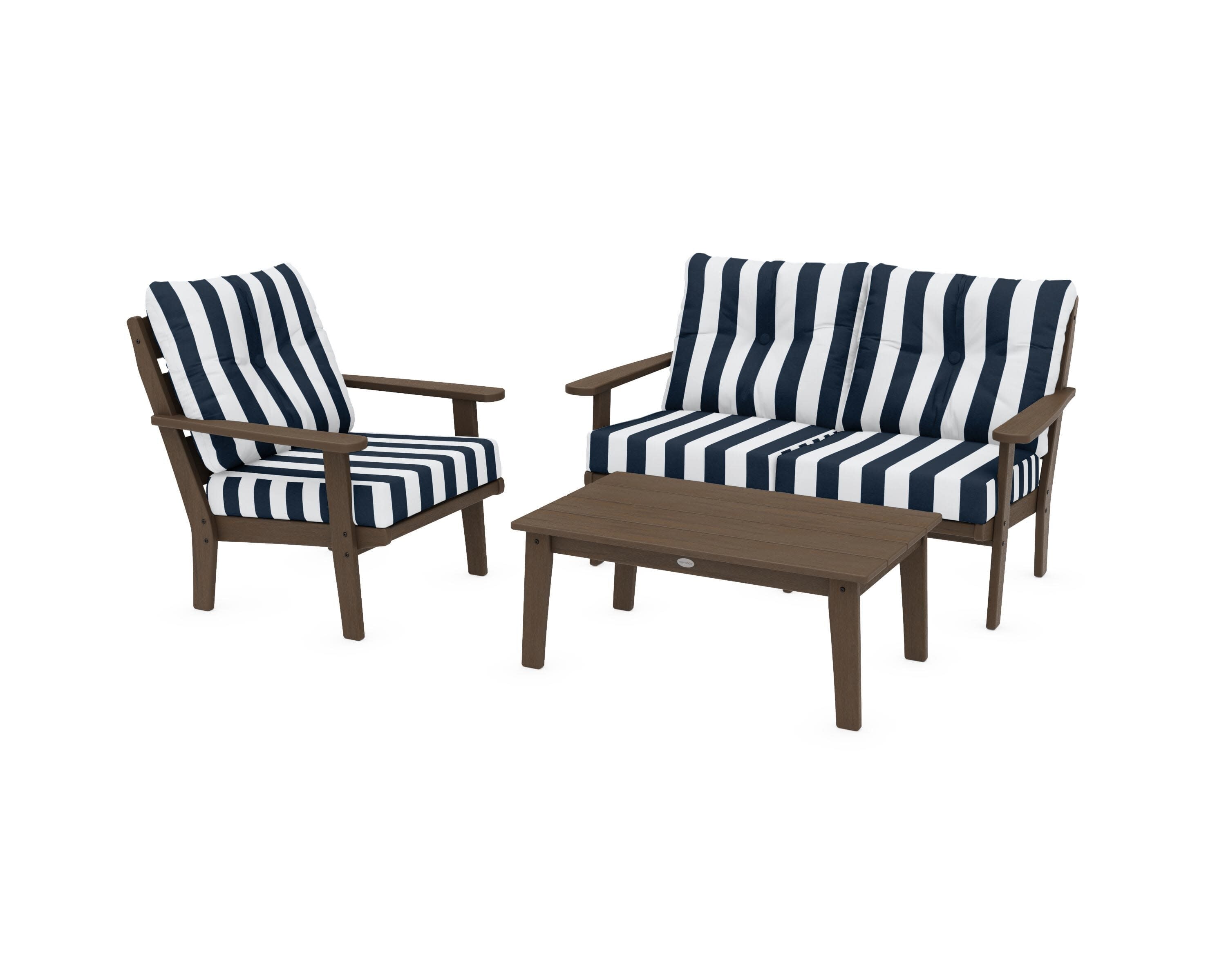 Lakeside 3-Piece Deep Seating Set in Kona / Cabana Stripe Marine Indigo