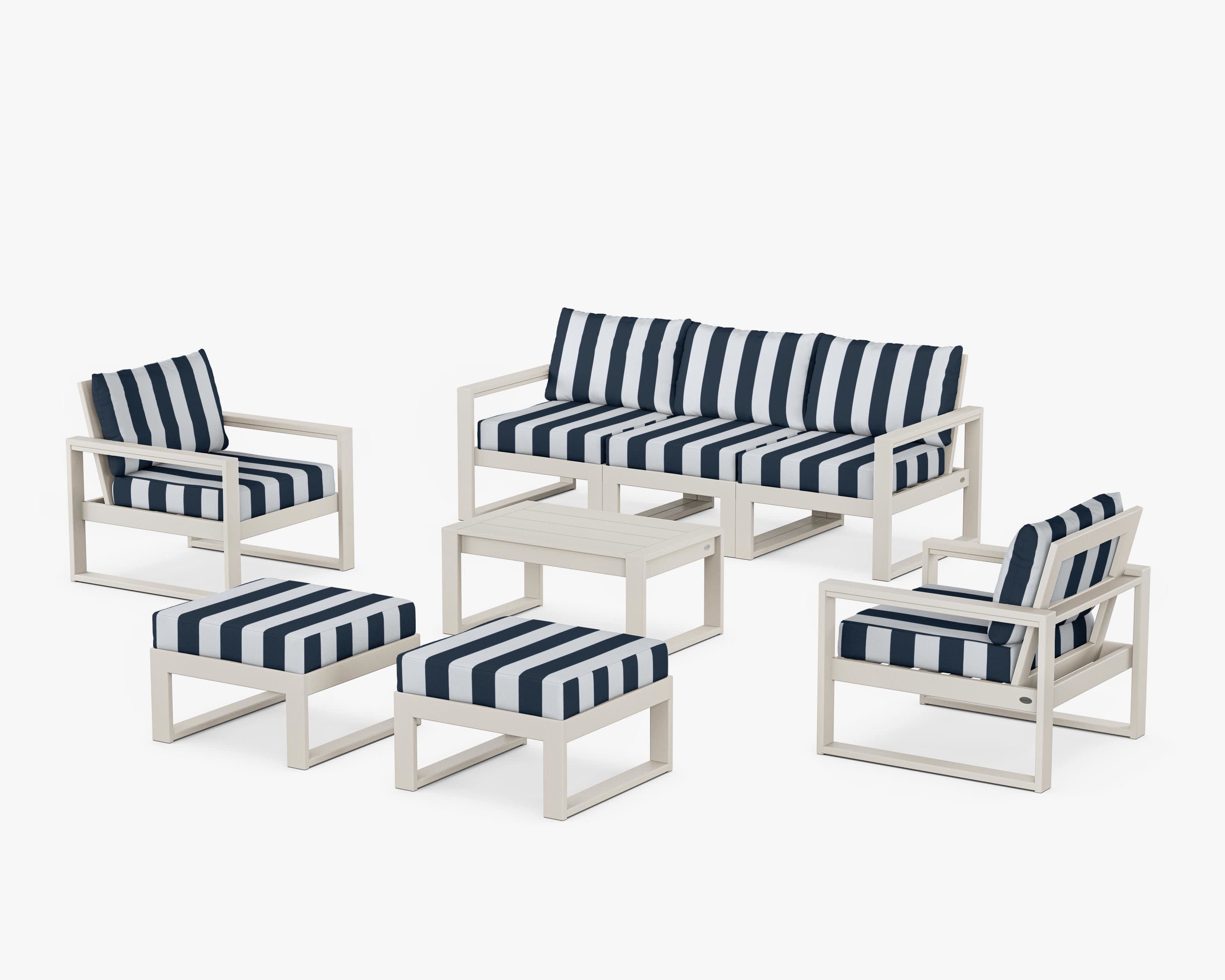 EDGE Sectional 8-Piece Lounge Sofa Set in Sand / Cabana Stripe Marine Indigo