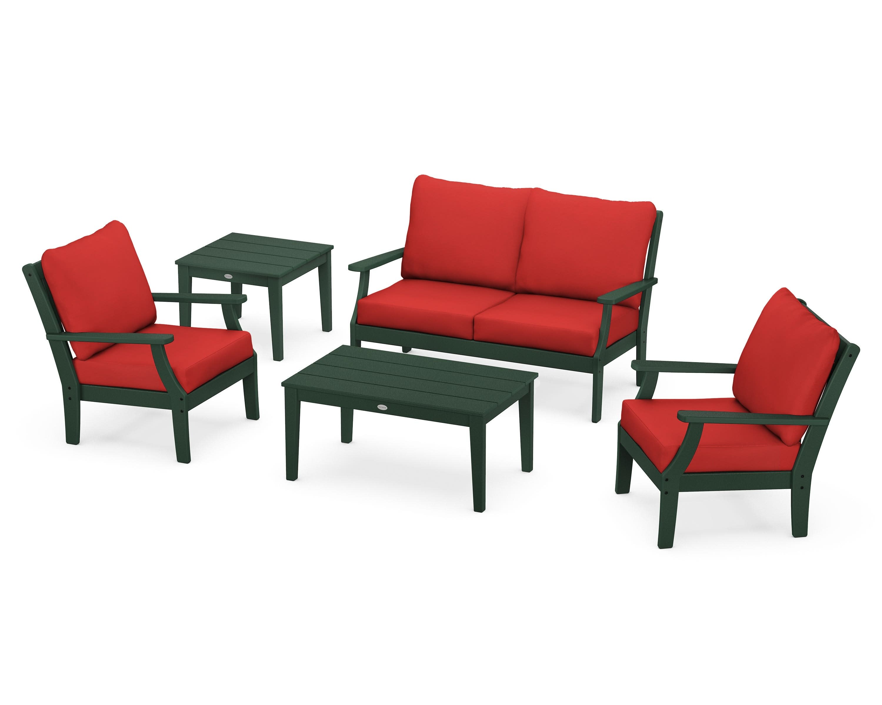 Braxton 5-Piece Deep Seating Set in Green / Crimson Linen