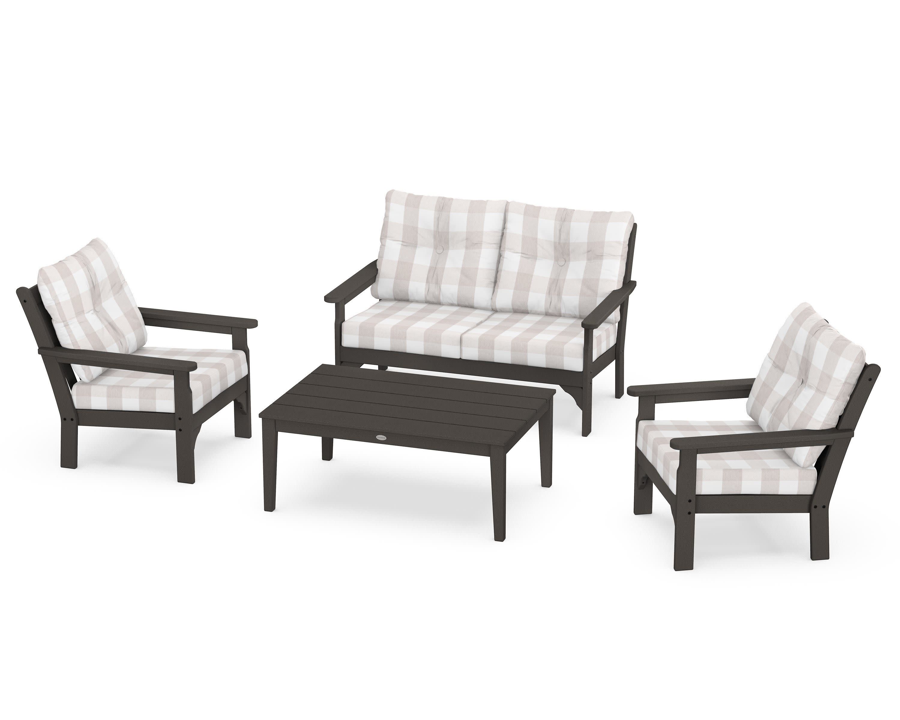 Vineyard 4-Piece Deep Seating Set in Vintage Coffee / Buffalo Plaid Dune Burlap